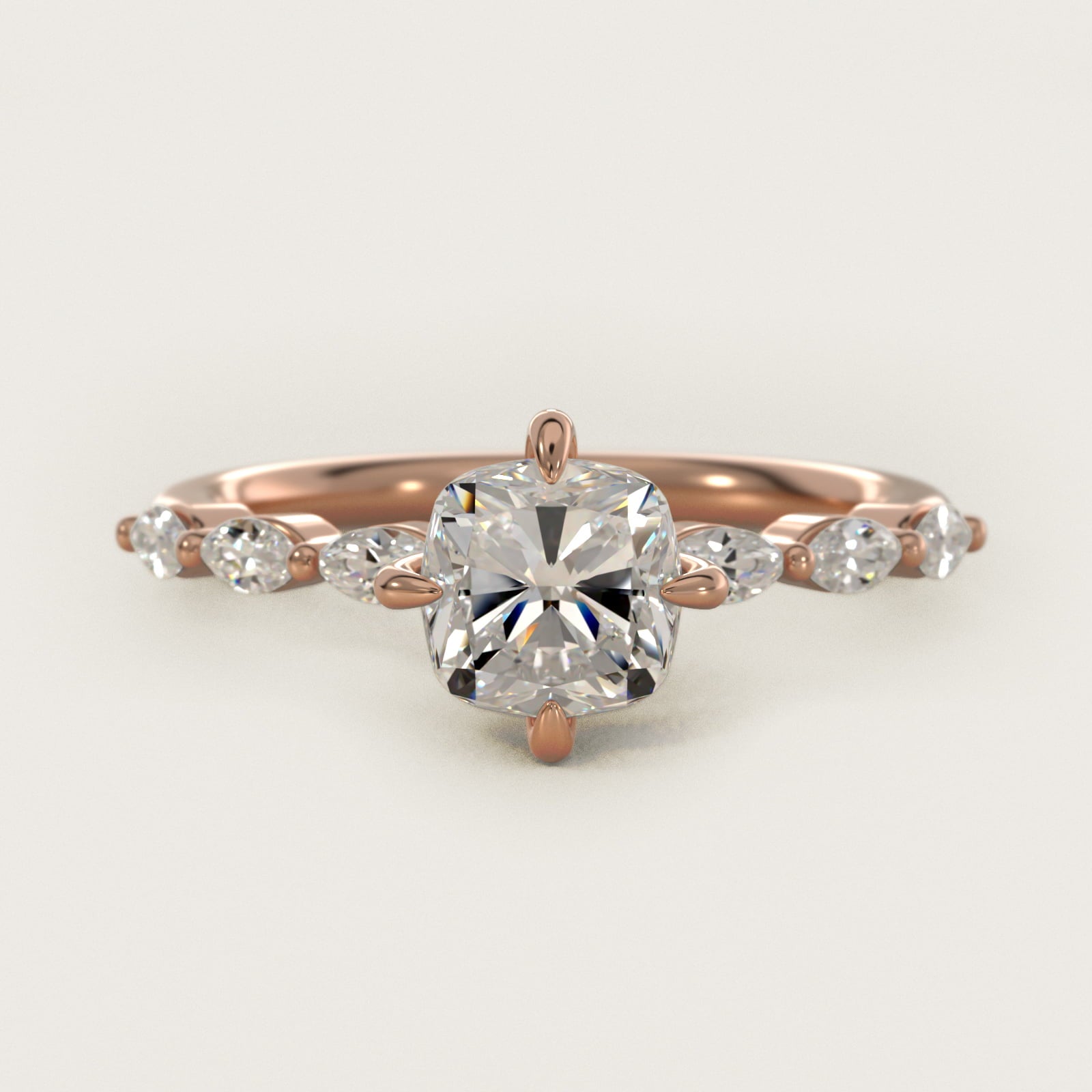 Marquise Cut Side Stone Diamond Shared Prong Engagement Ring In 18k Rose Gold By James Allen - Cushion Center