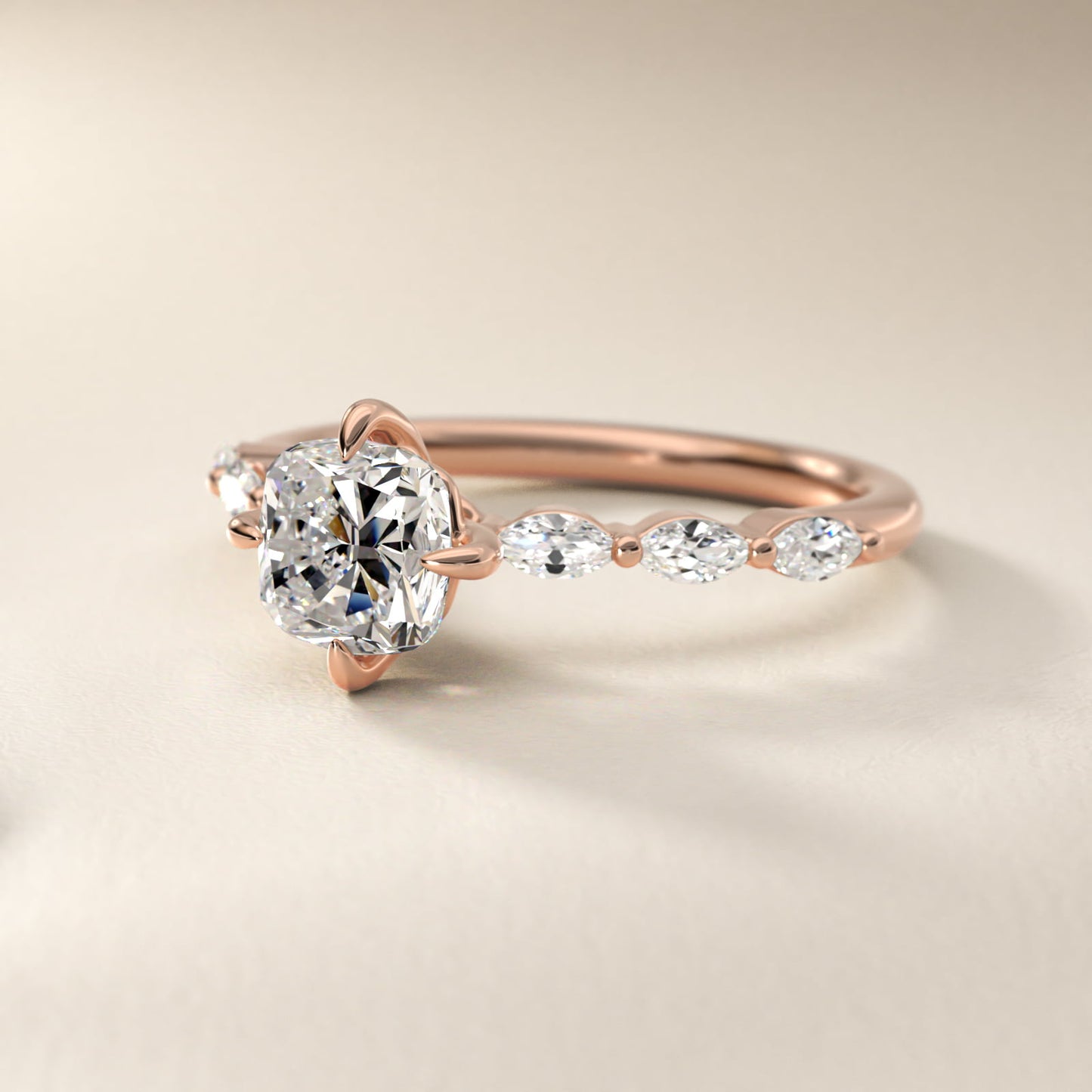 Marquise Cut Side Stone Diamond Shared Prong Engagement Ring In 14K Rose Gold By James Allen - Cushion Center