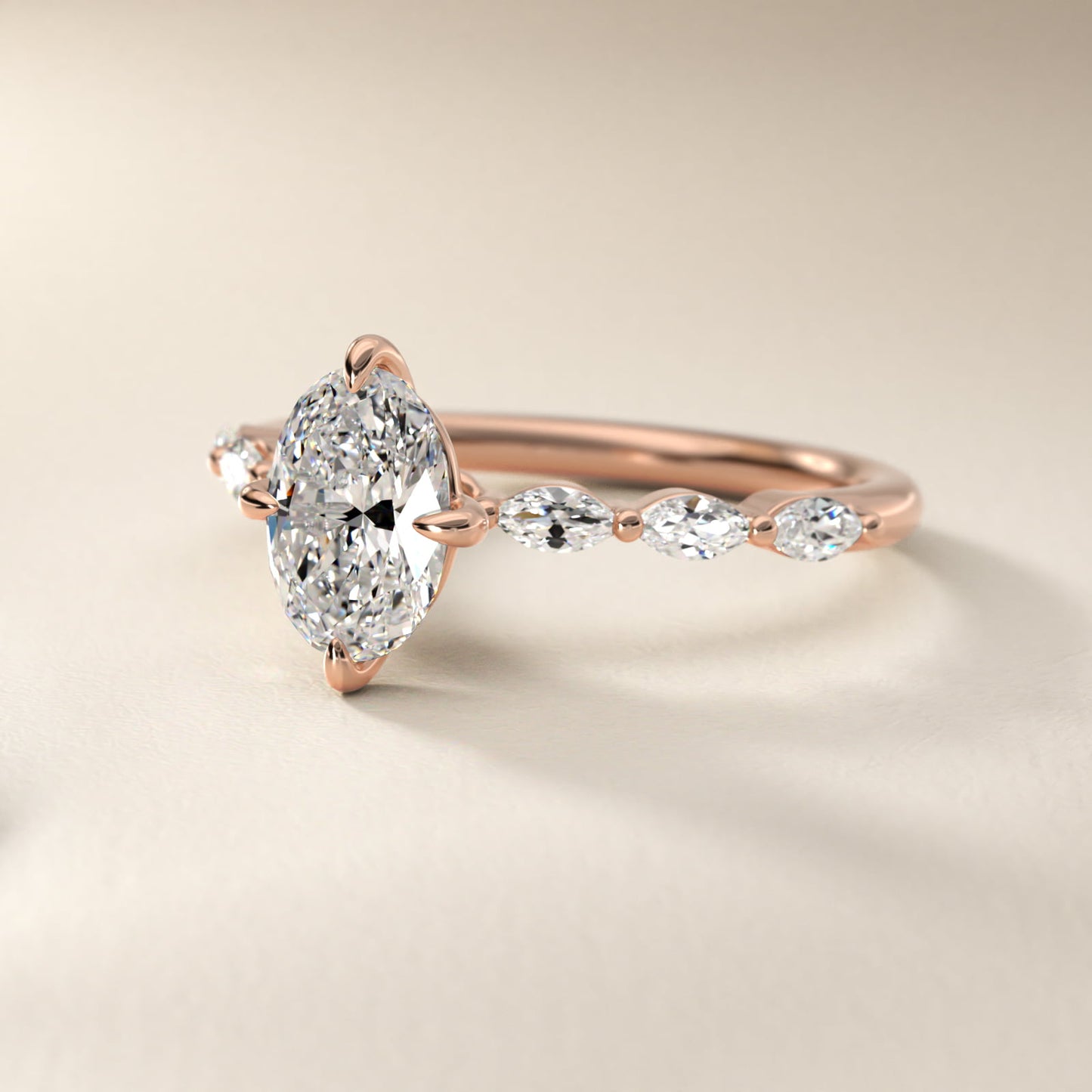 Marquise Cut Side Stone Diamond Shared Prong Engagement Ring In 14K Rose Gold By James Allen - Oval Center