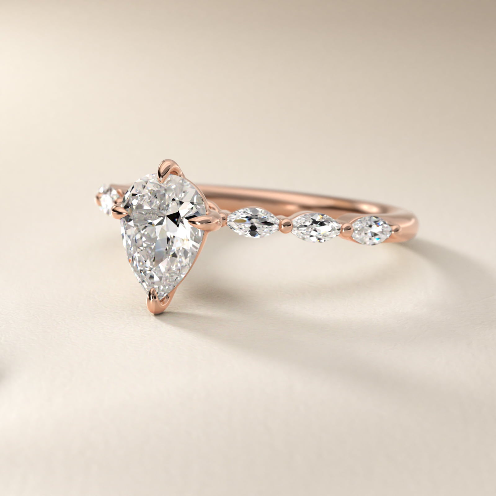 Marquise Cut Side Stone Diamond Shared Prong Engagement Ring In 18k Rose Gold By James Allen - Pear Center
