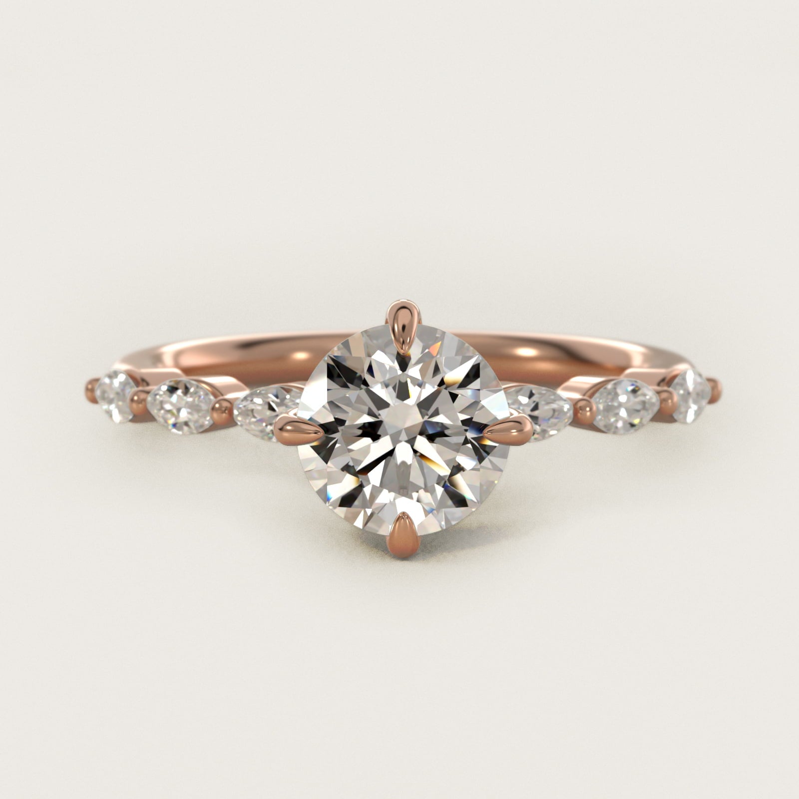 Marquise Cut Side Stone Diamond Shared Prong Engagement Ring In 18k Rose Gold By James Allen - Round Center