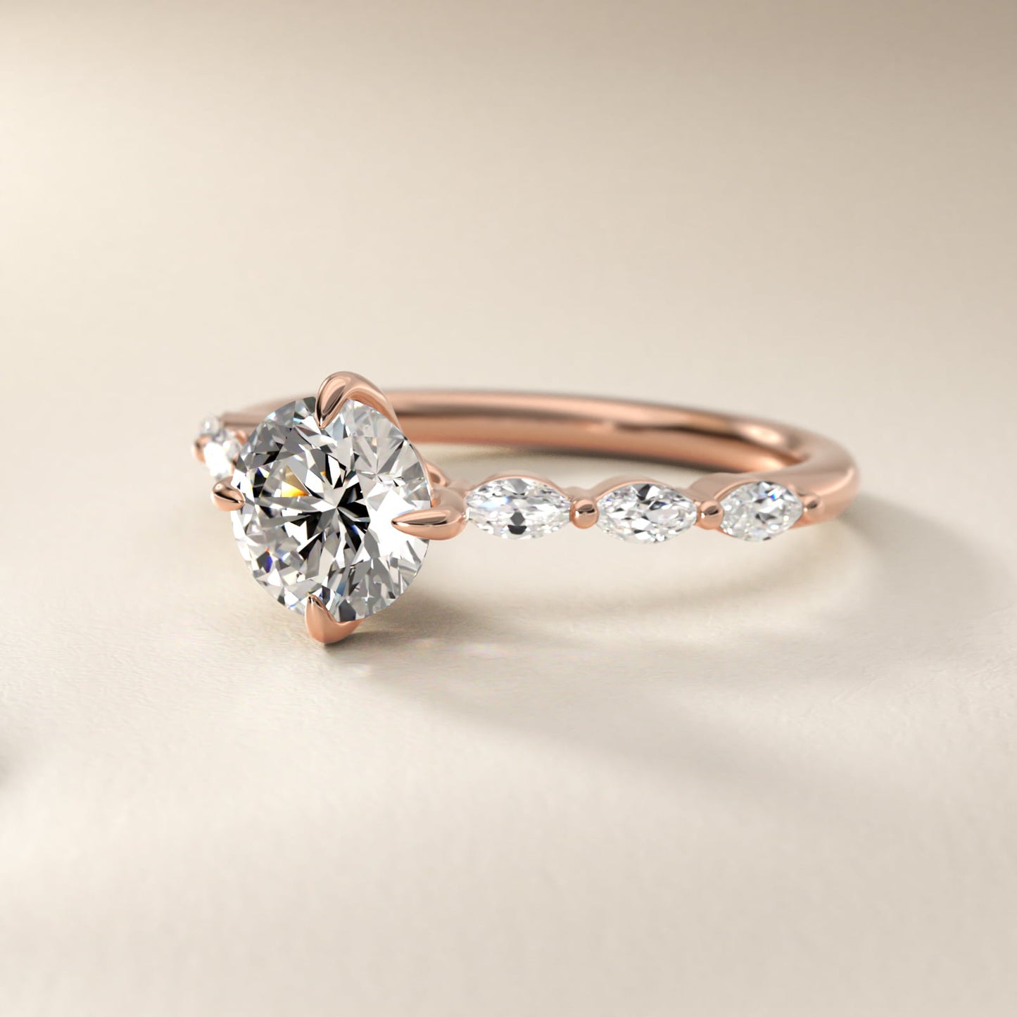 Marquise Cut Side Stone Diamond Shared Prong Engagement Ring In 14K Rose Gold By James Allen - Round Center