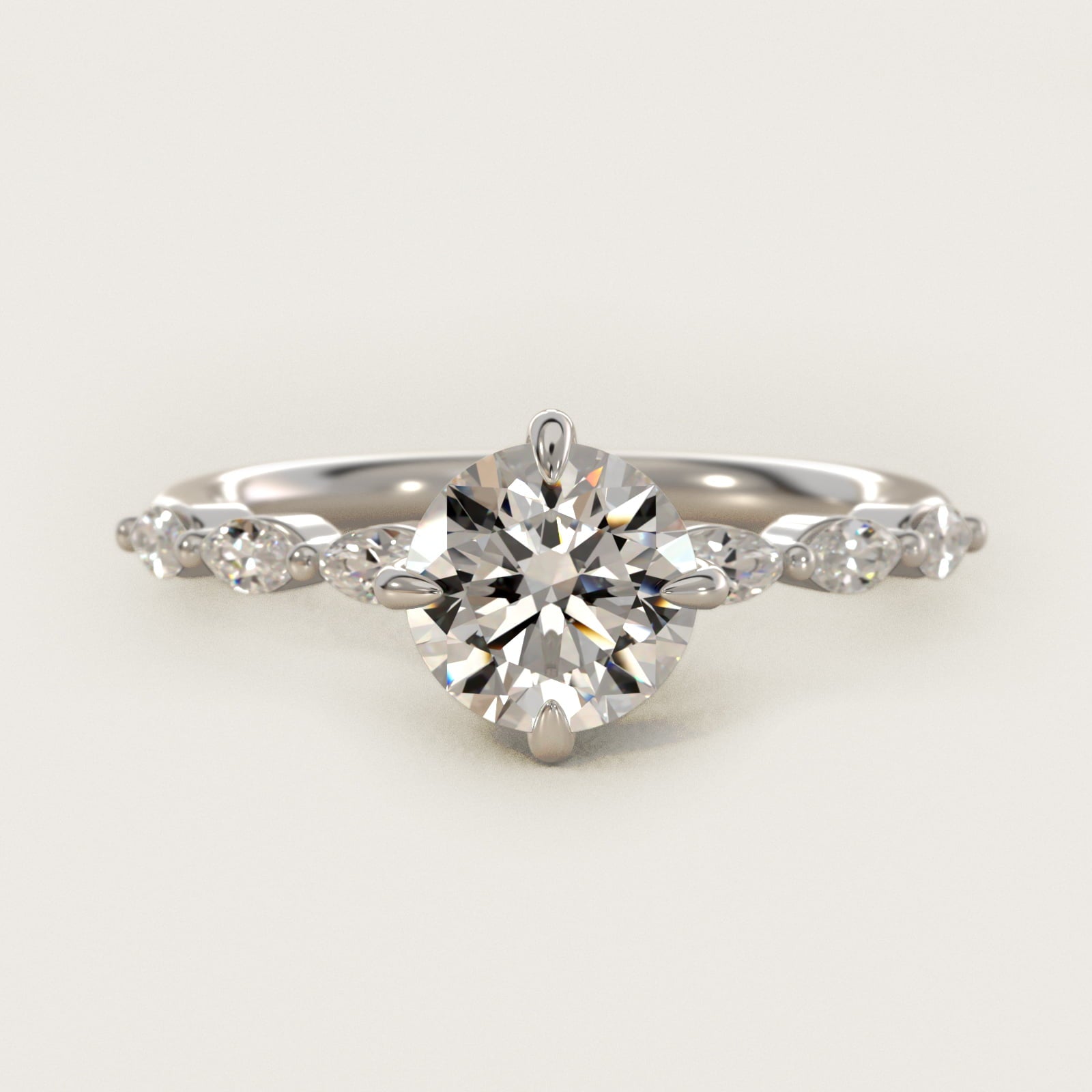 Marquise Cut Side Stone Diamond Shared Prong Engagement Ring In 14K White Gold By James Allen - Round Center