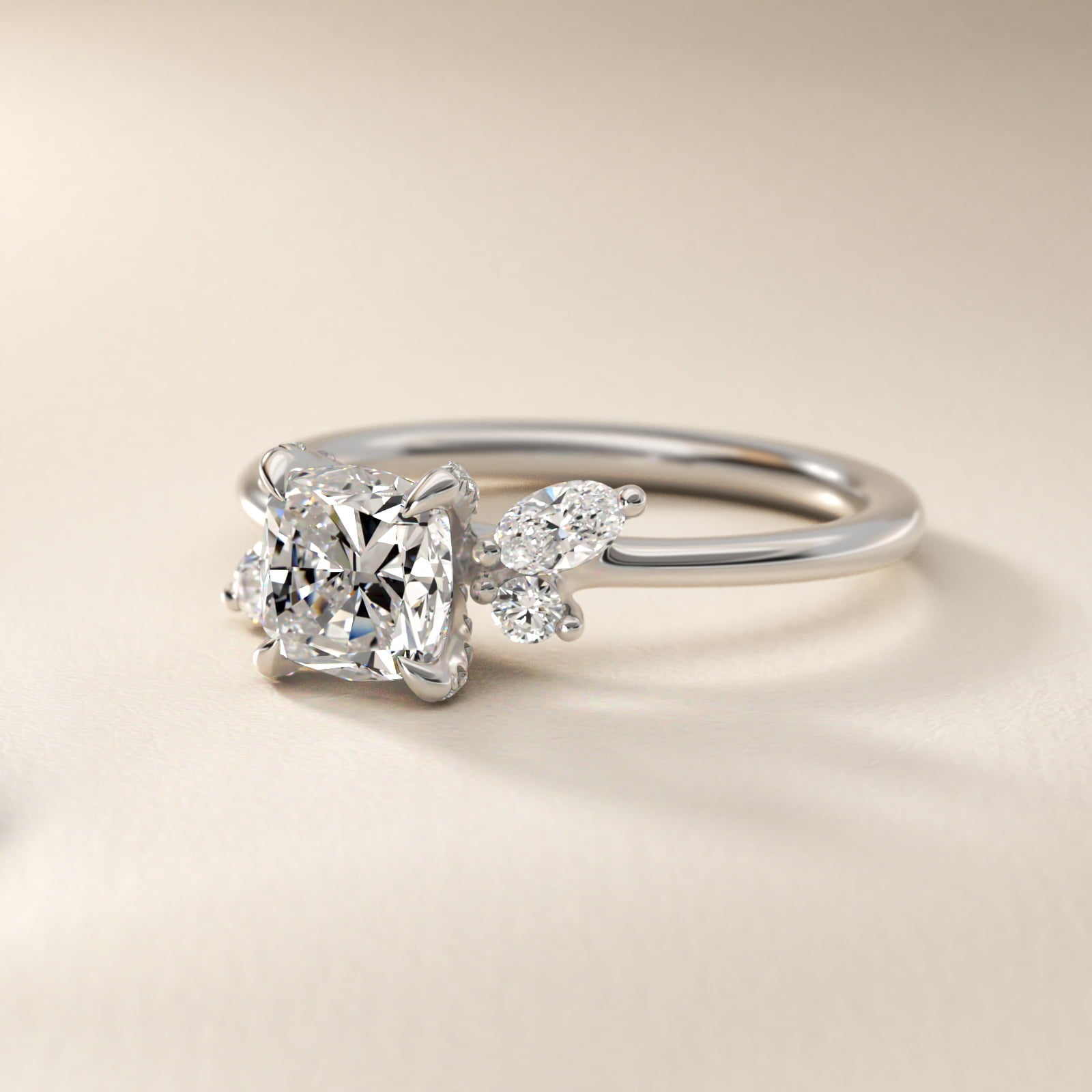 Marquise Diamond Accents Side Stone Engagement Ring With PavŽ Basket In 18k White Gold By James Allen - Cushion Center