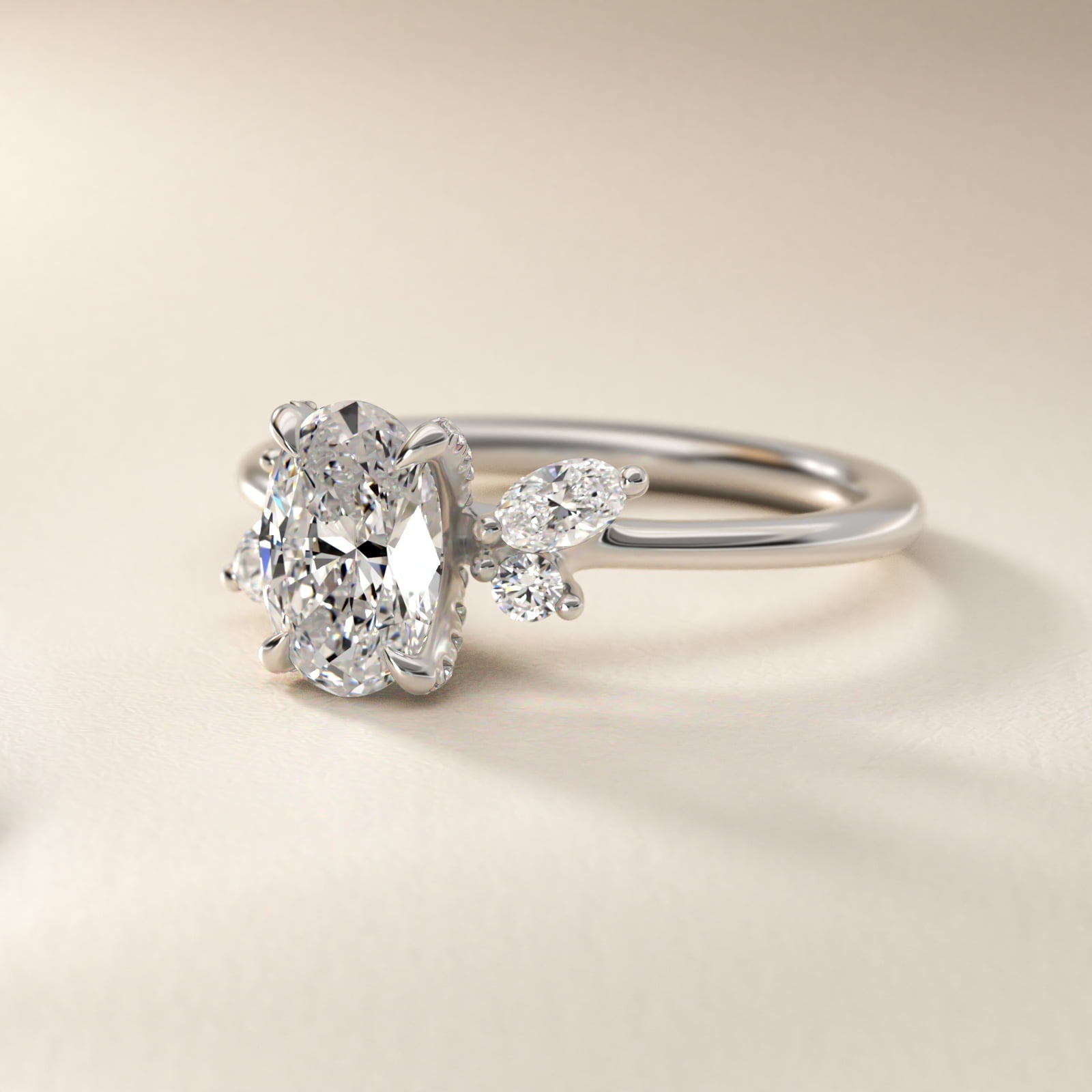 Marquise Diamond Accents Side Stone Engagement Ring With PavŽ Basket In 14K White Gold By James Allen - Oval Center