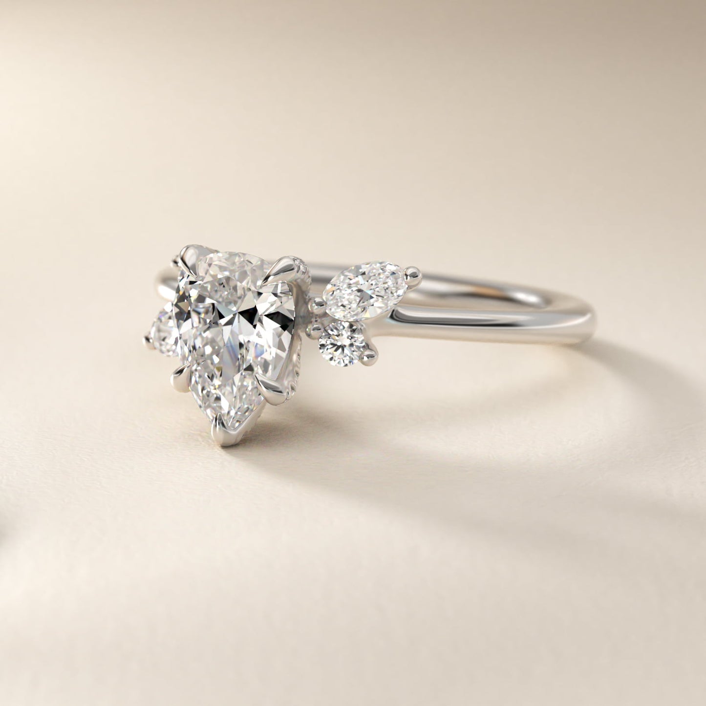 Marquise Diamond Accents Side Stone Engagement Ring With PavŽ Basket In 18k White Gold By James Allen - Pear Center
