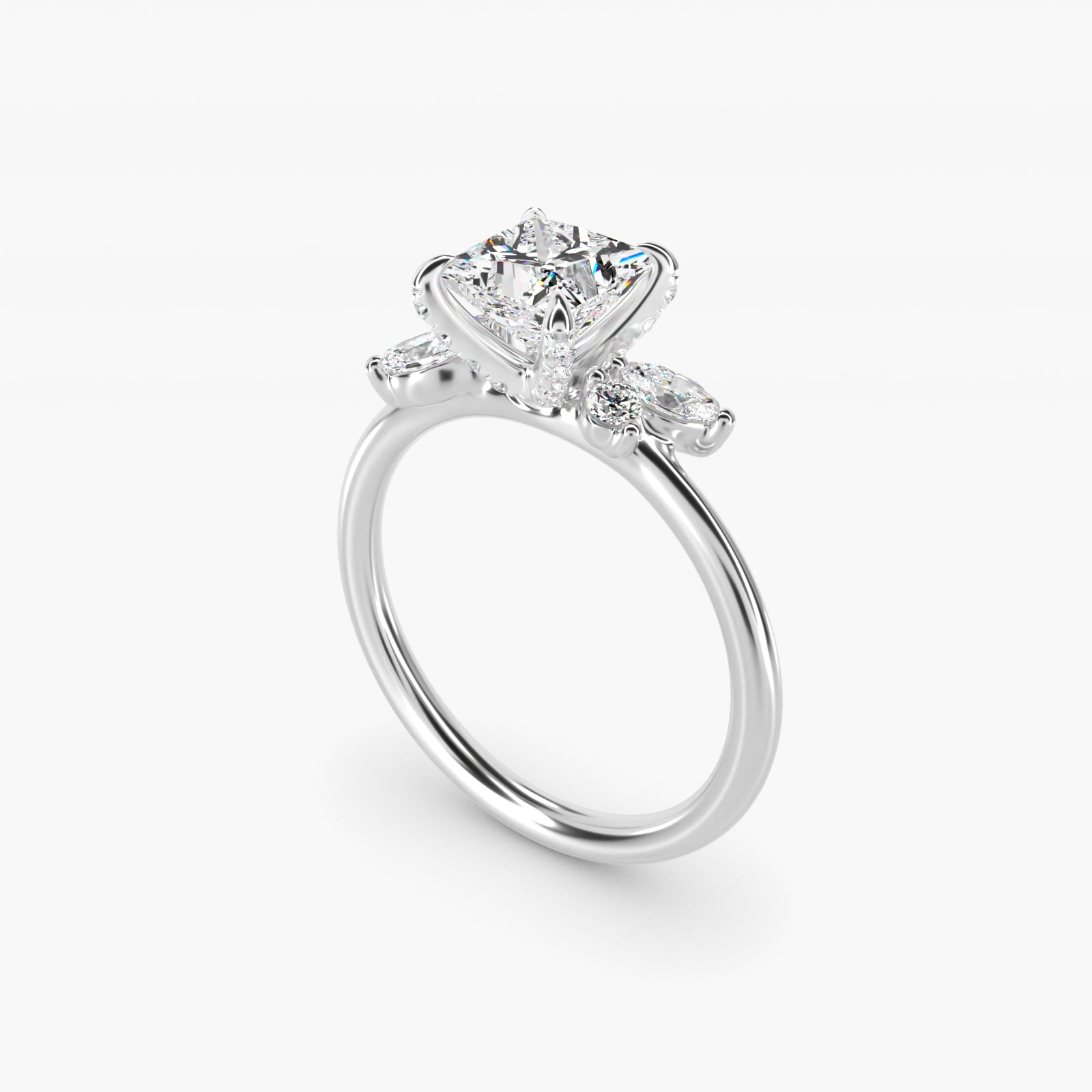 Marquise Diamond Accents Side Stone Engagement Ring With PavŽ Basket In 18k White Gold By James Allen - Princess Center