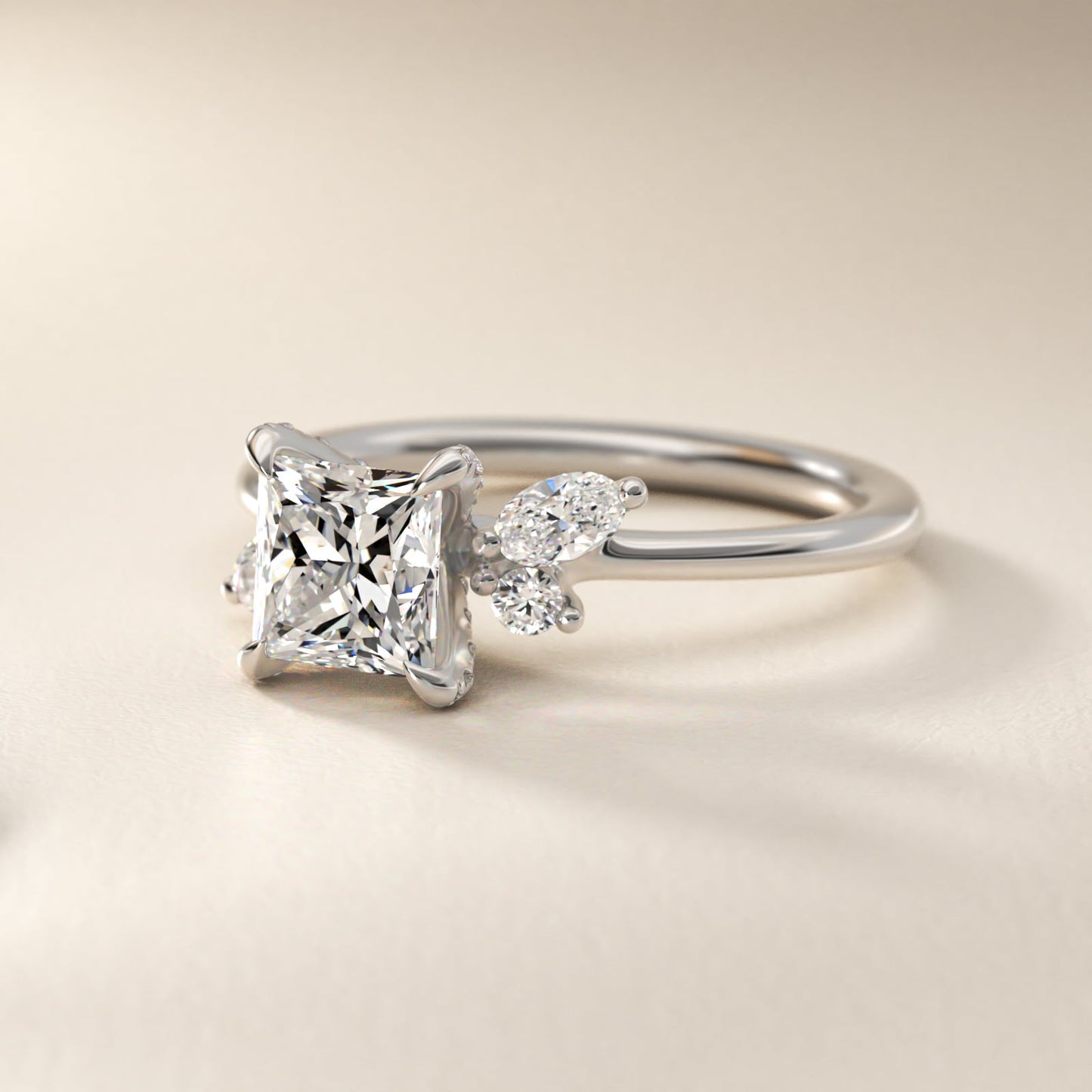 Marquise Diamond Accents Side Stone Engagement Ring With PavŽ Basket In 14K White Gold By James Allen - Princess Center