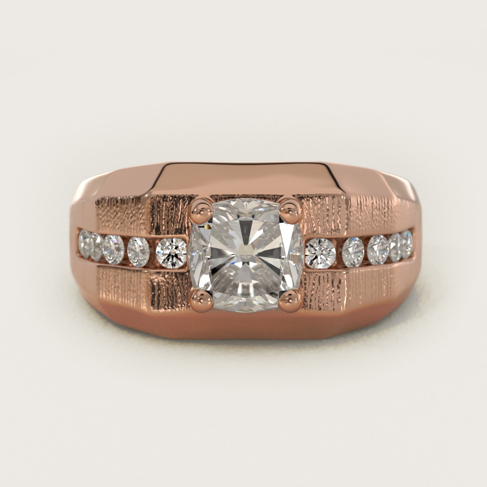 Men's Brushed Finish Diamond Channel Engagement Ring in 18k Rose Gold (1/4 ct. tw.) - Cushion Center