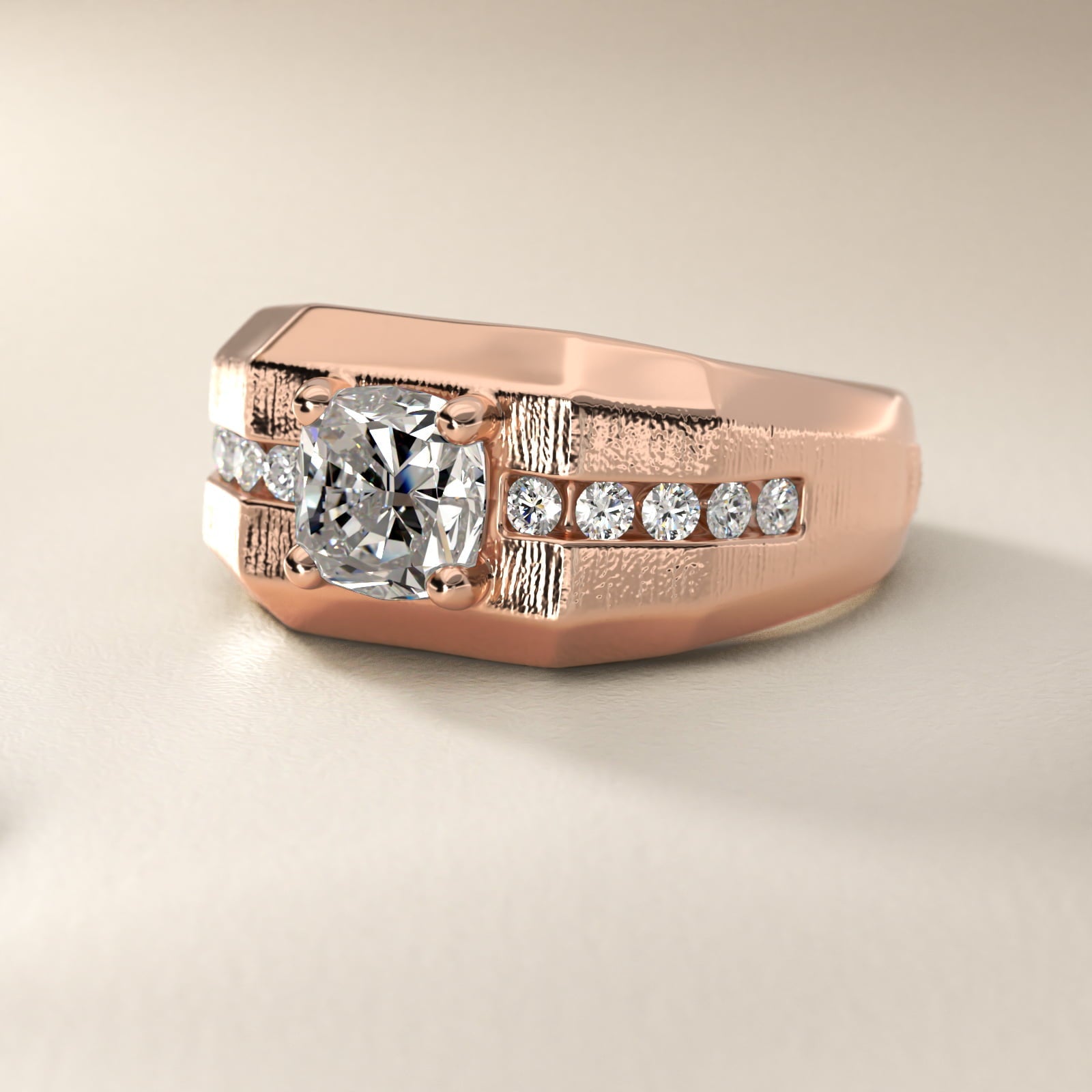 Men's Brushed Finish Diamond Channel Engagement Ring in 18k Rose Gold (1/4 ct. tw.) - Cushion Center