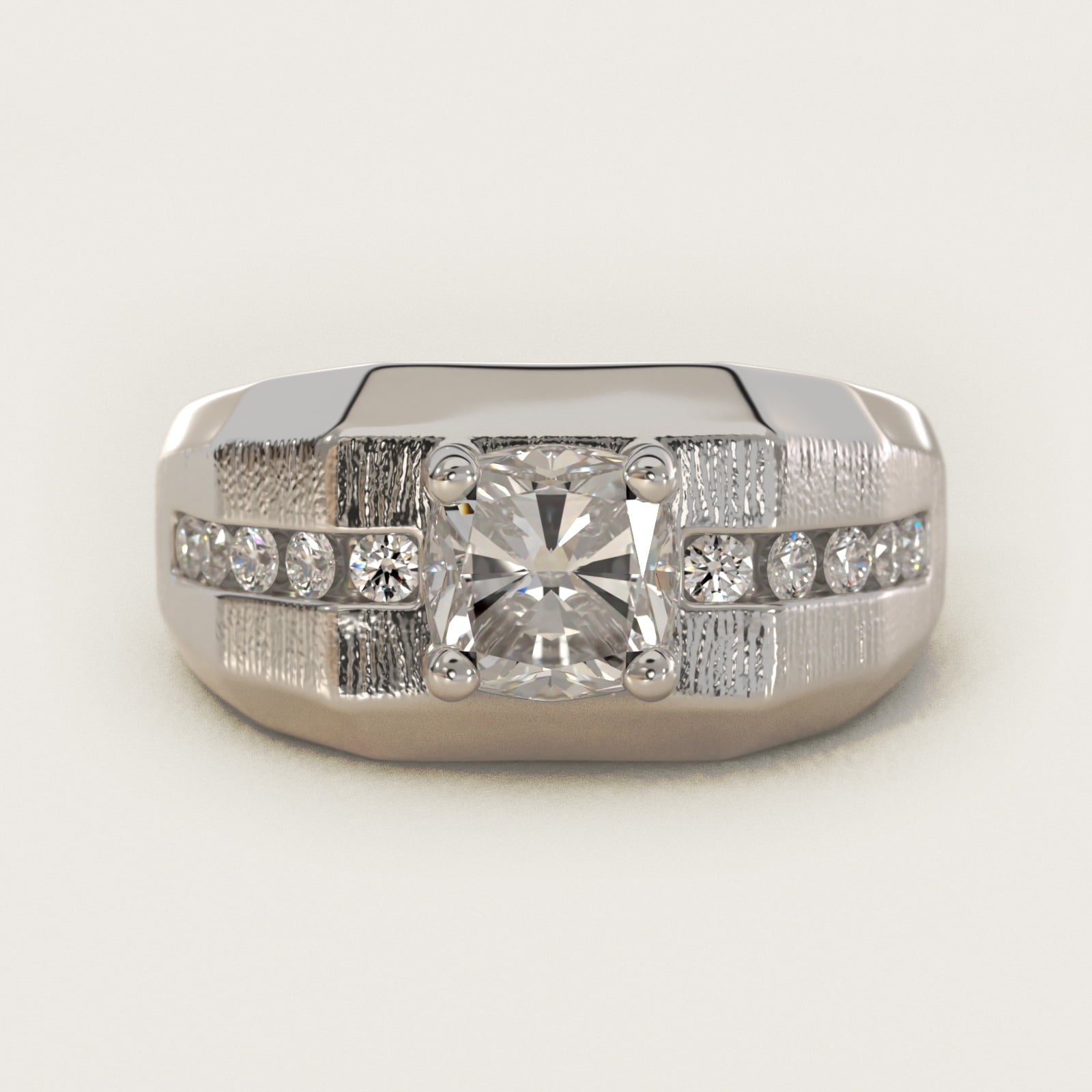 Men's Brushed Finish Diamond Channel Engagement Ring in 18k White Gold (1/4 ct. tw.) - Cushion Center