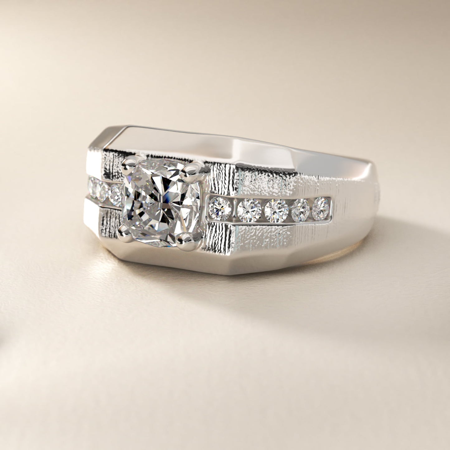 Men's Brushed Finish Diamond Channel Engagement Ring in 14k White Gold (1/4 ct. tw.) - Cushion Center