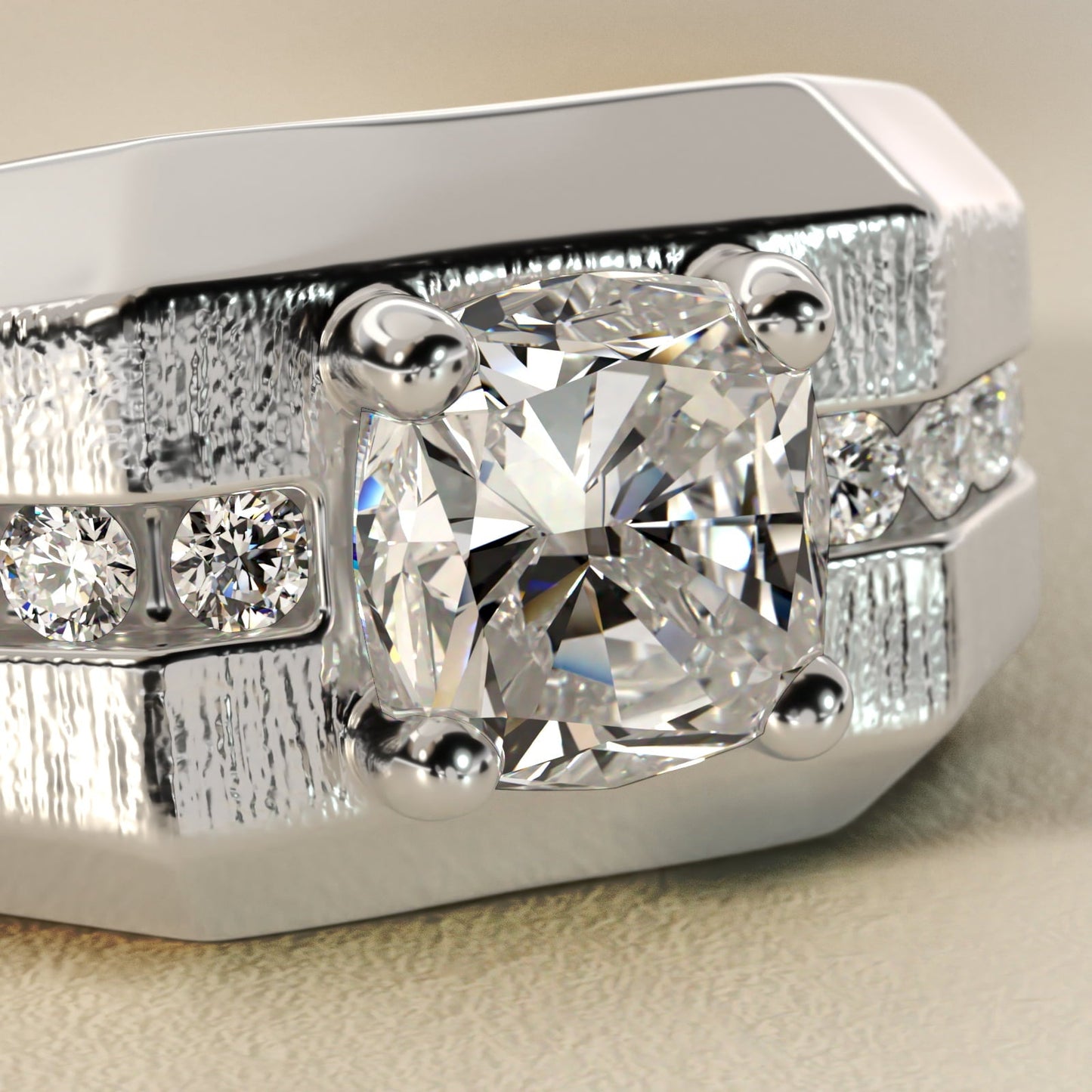Men's Brushed Finish Diamond Channel Engagement Ring in 18k White Gold (1/4 ct. tw.) - Cushion Center