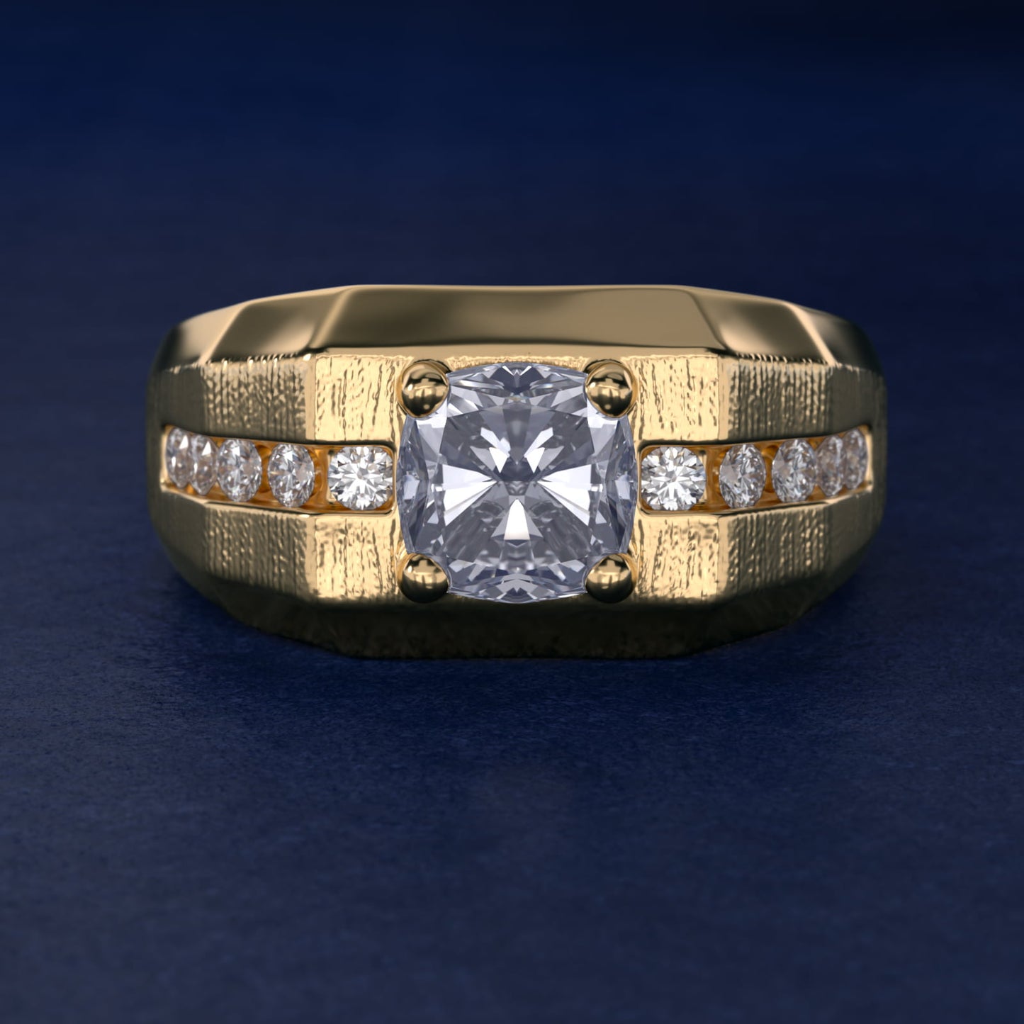 Men's Brushed Finish Diamond Channel Engagement Ring in 14k Yellow Gold (1/4 ct. tw.) - Cushion Center