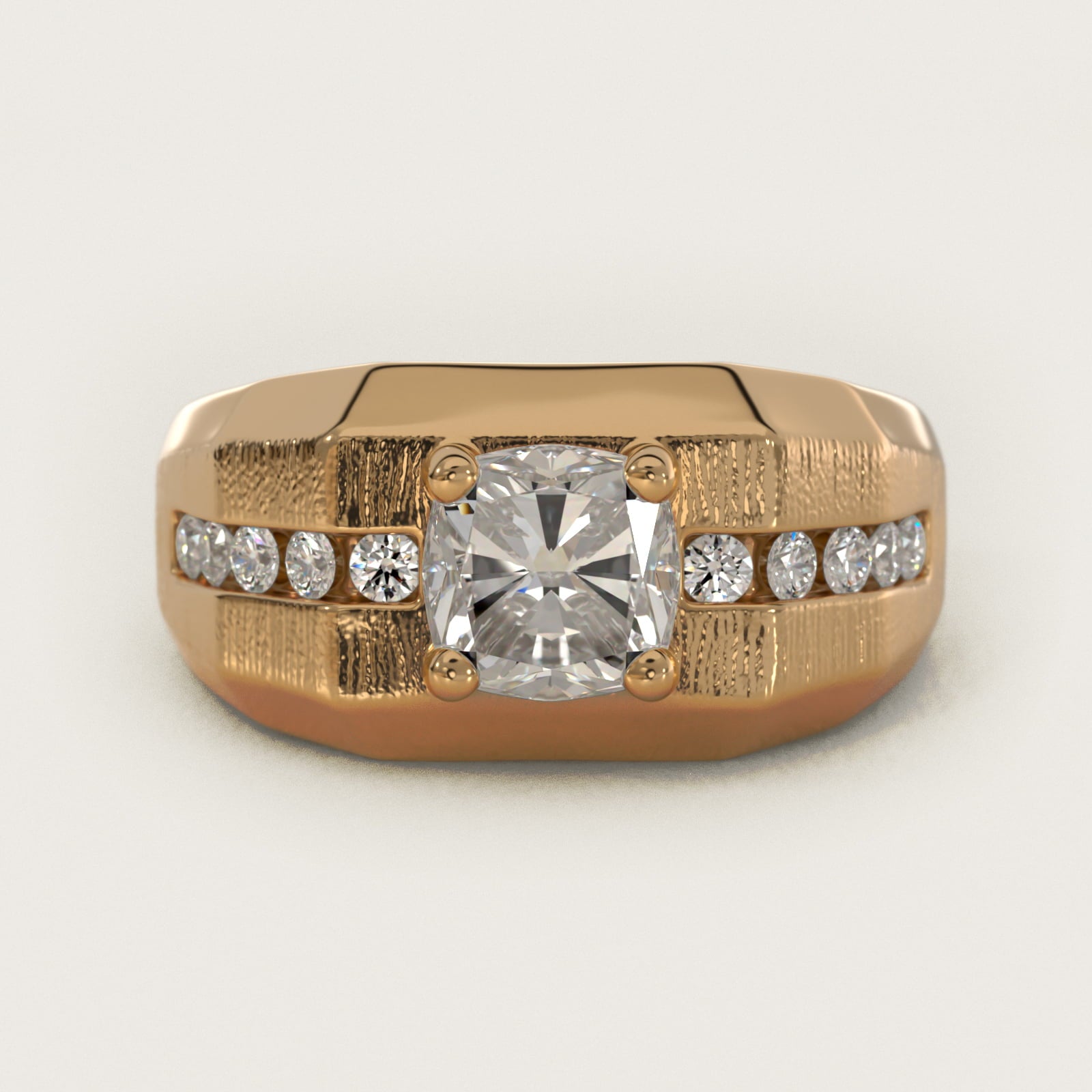 Men's Brushed Finish Diamond Channel Engagement Ring in 14k Yellow Gold (1/4 ct. tw.) - Cushion Center