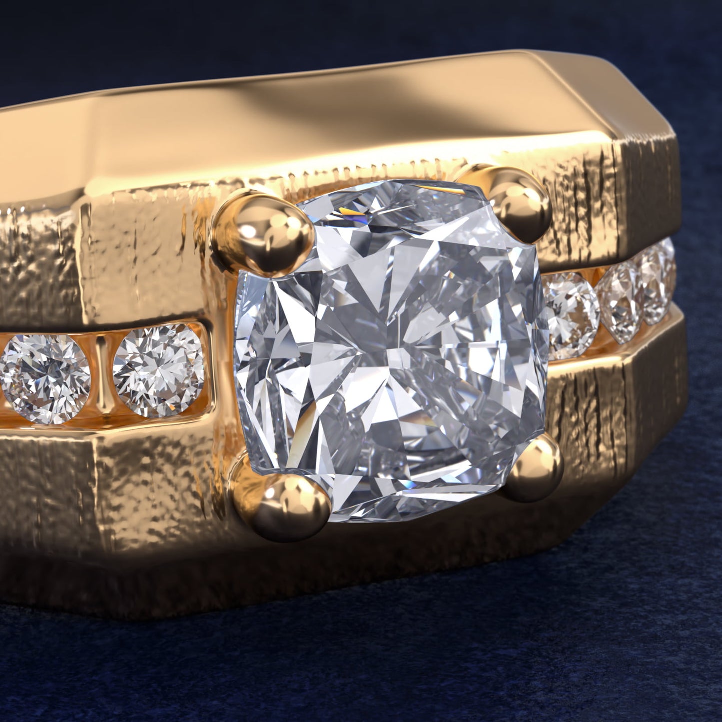 Men's Brushed Finish Diamond Channel Engagement Ring in 14k Yellow Gold (1/4 ct. tw.) - Cushion Center
