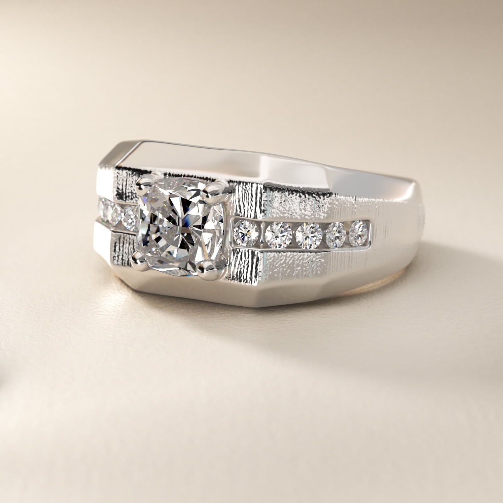 Men's Brushed Finish Diamond Channel Engagement Ring in Platinum (1/4 ct. tw.) - Cushion Center