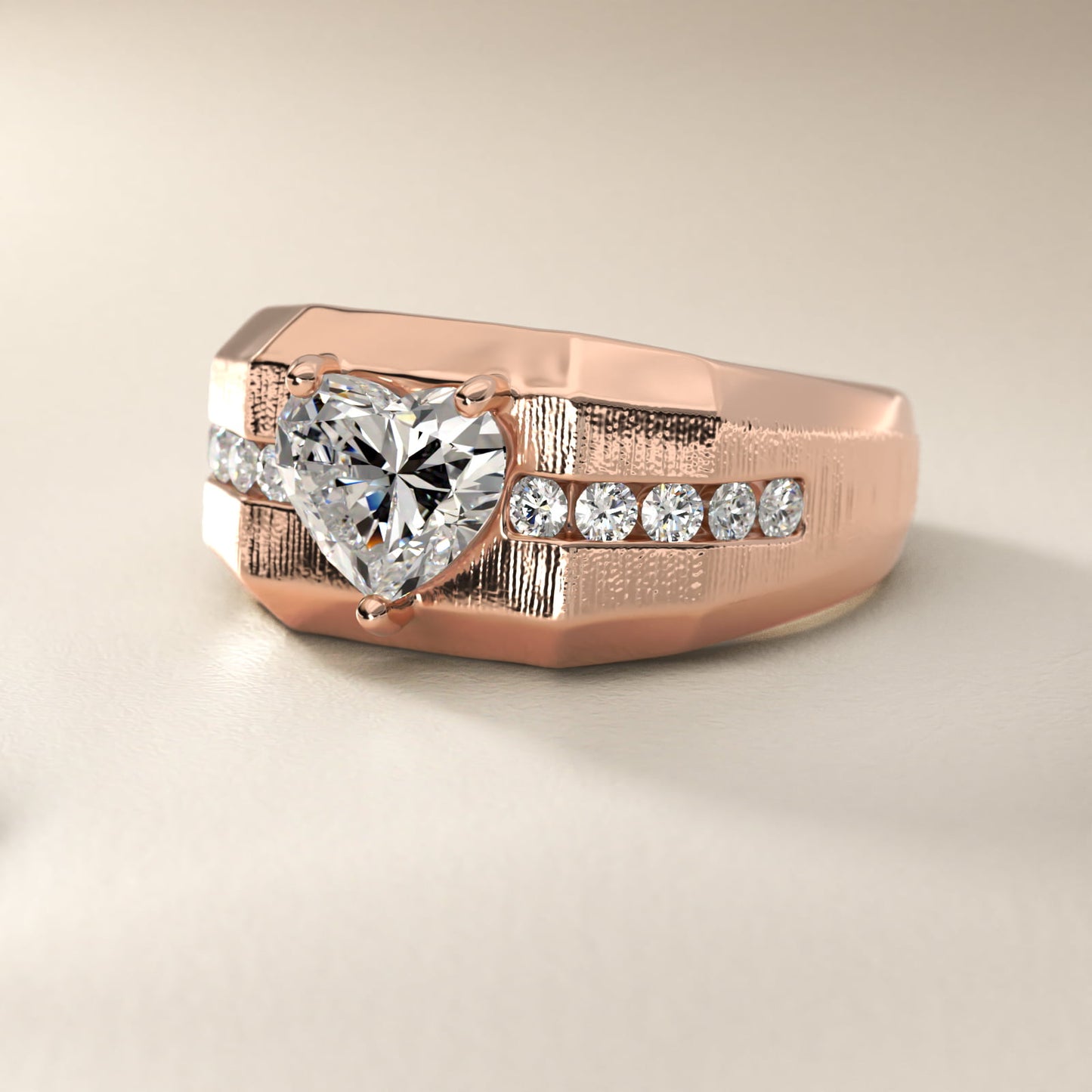 Men's Brushed Finish Diamond Channel Engagement Ring in 14k Rose Gold (1/4 ct. tw.) - Heart Center