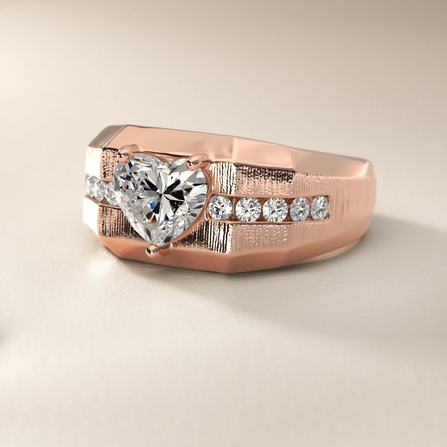 Men's Brushed Finish Diamond Channel Engagement Ring in 18k Rose Gold (1/4 ct. tw.) - Heart Center