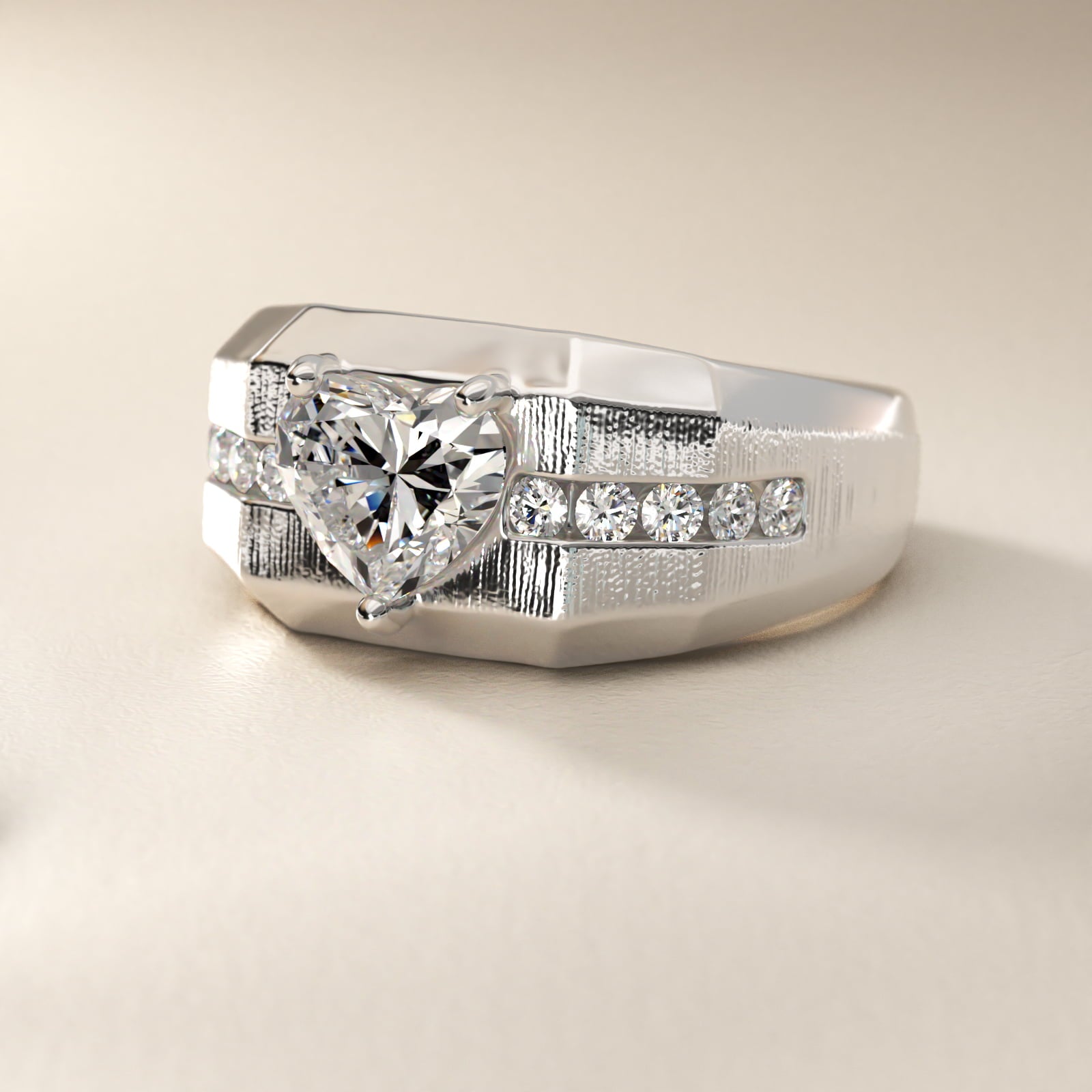 Men's Brushed Finish Diamond Channel Engagement Ring in 14k White Gold (1/4 ct. tw.) - Heart Center
