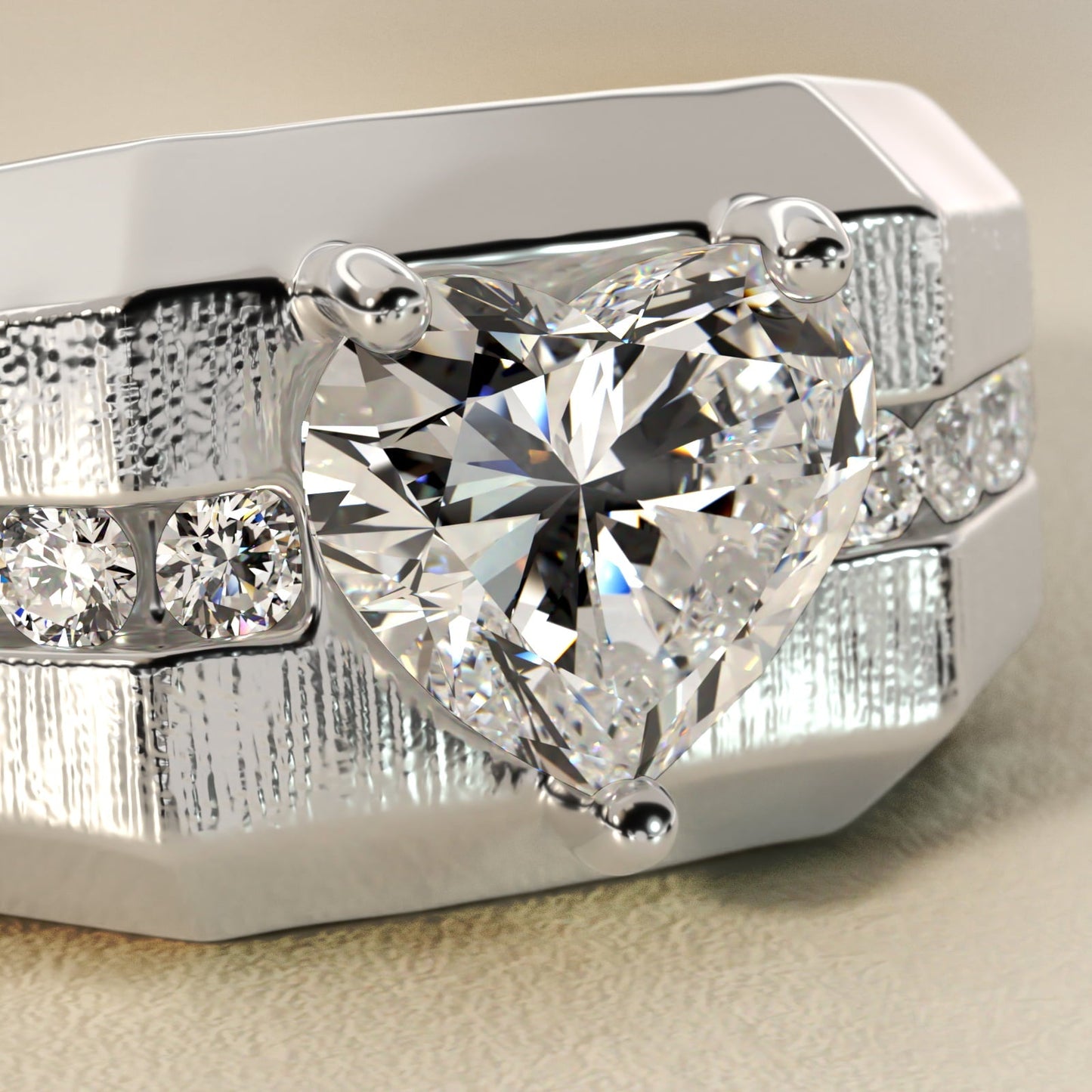 Men's Brushed Finish Diamond Channel Engagement Ring in 18k White Gold (1/4 ct. tw.) - Heart Center
