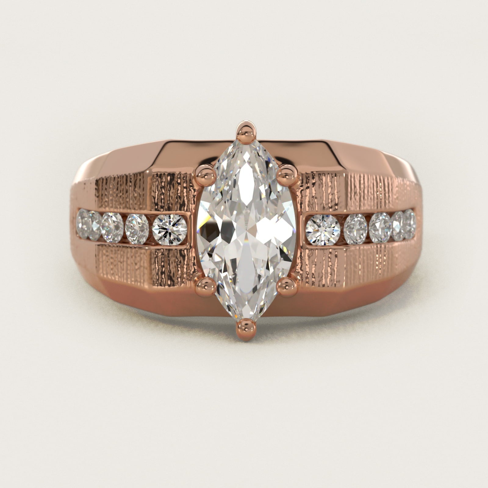 Men's Brushed Finish Diamond Channel Engagement Ring in 18k Rose Gold (1/4 ct. tw.) - Marquise Center