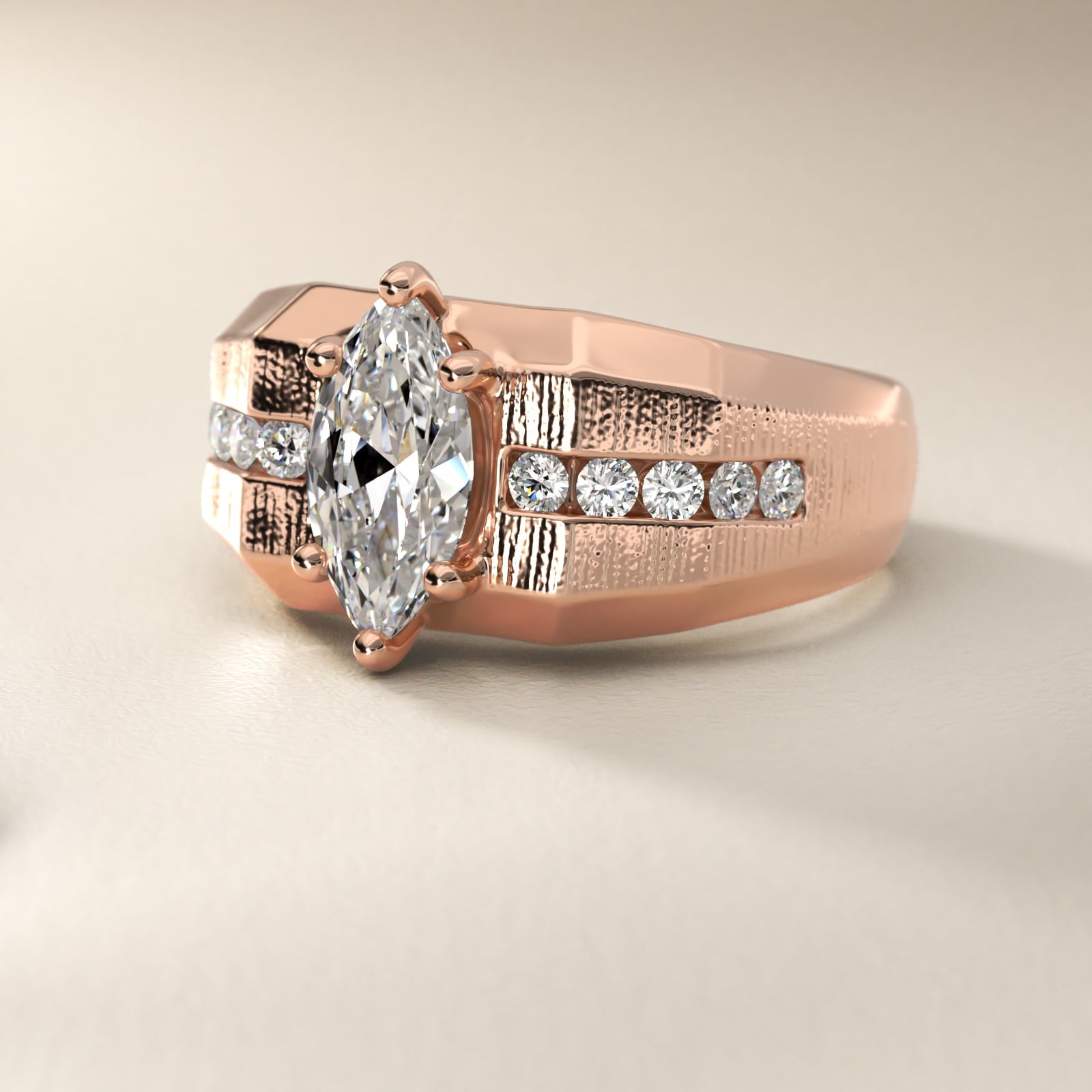 Men's Brushed Finish Diamond Channel Engagement Ring in 14k Rose Gold (1/4 ct. tw.) - Marquise Center