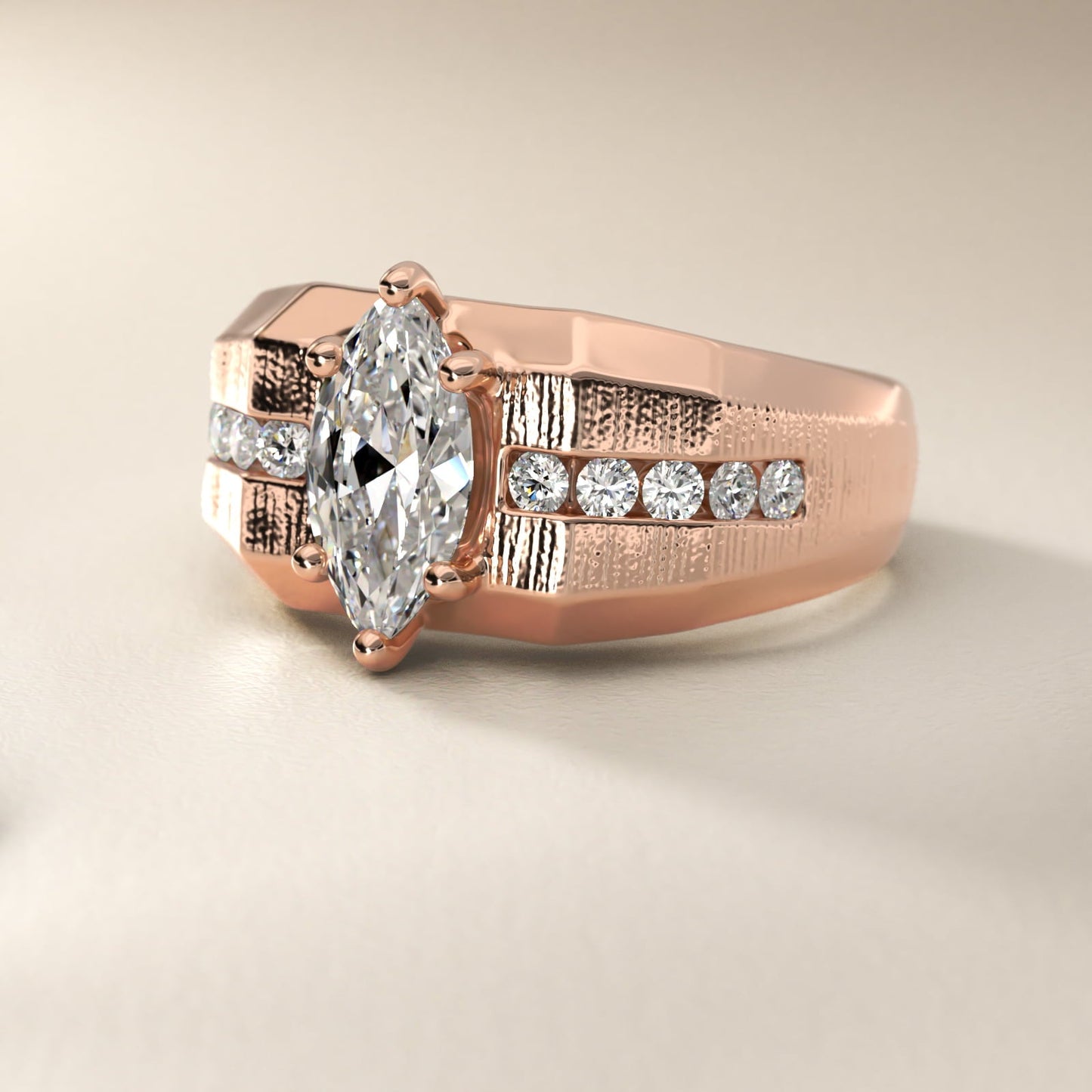Men's Brushed Finish Diamond Channel Engagement Ring in 18k Rose Gold (1/4 ct. tw.) - Marquise Center