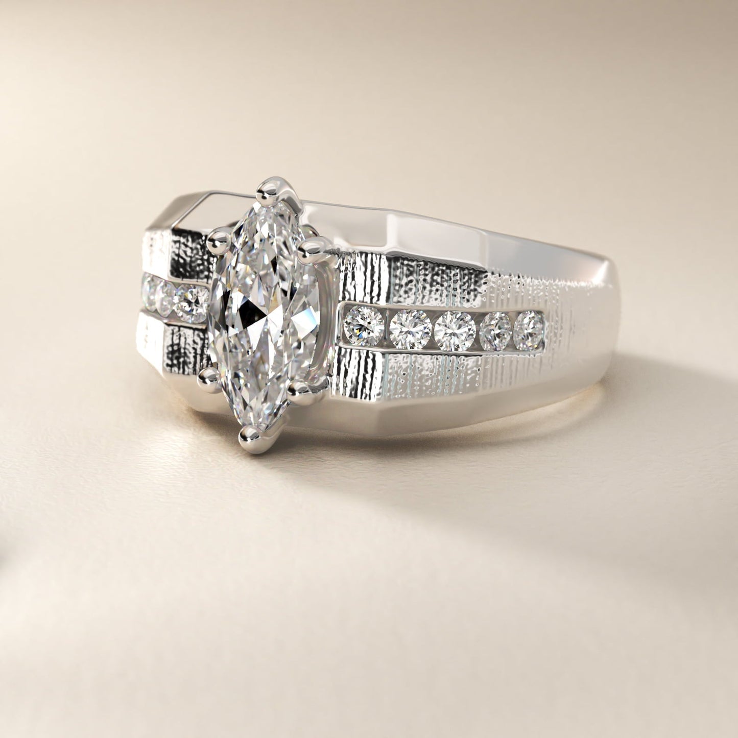 Men's Brushed Finish Diamond Channel Engagement Ring in 18k White Gold (1/4 ct. tw.) - Marquise Center