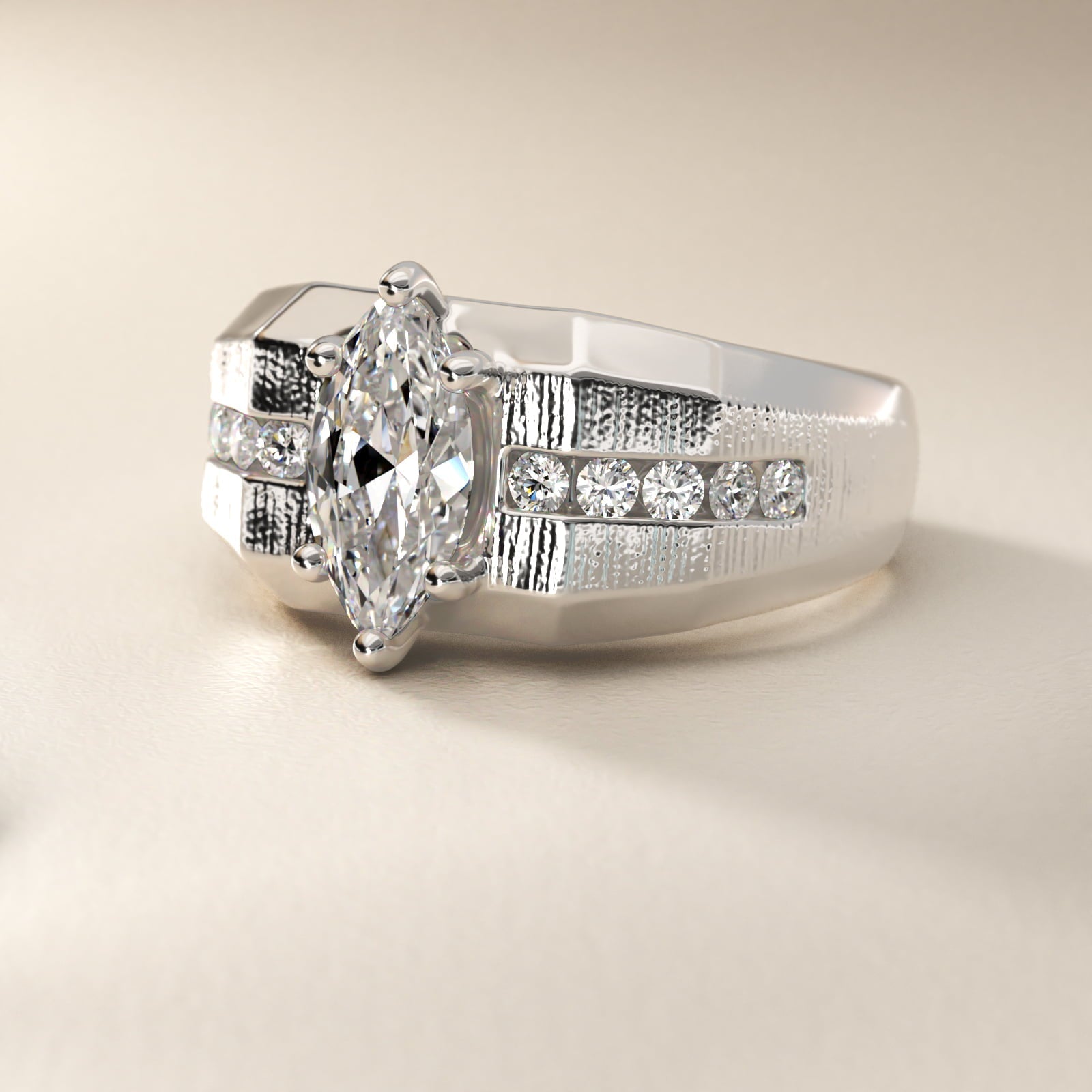 Men's Brushed Finish Diamond Channel Engagement Ring in 18k White Gold (1/4 ct. tw.) - Marquise Center
