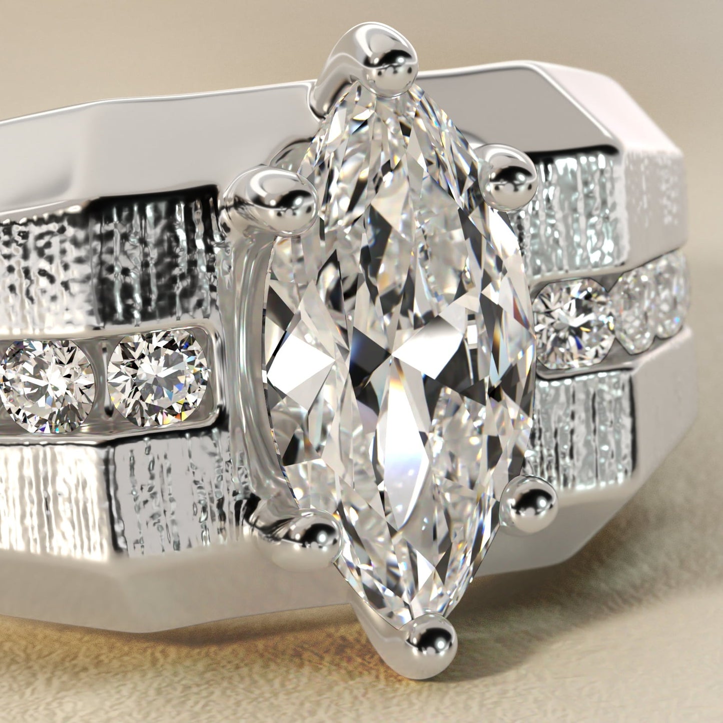 Men's Brushed Finish Diamond Channel Engagement Ring in 18k White Gold (1/4 ct. tw.) - Marquise Center