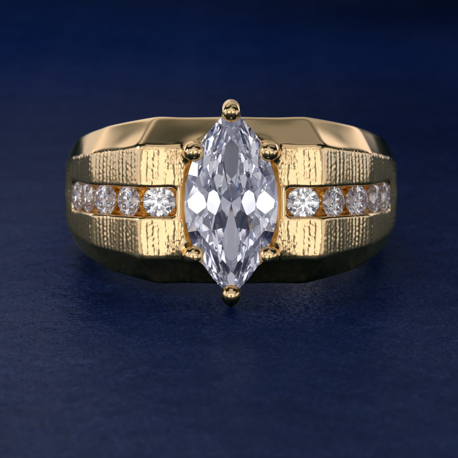 Men's Brushed Finish Diamond Channel Engagement Ring in 14k Yellow Gold (1/4 ct. tw.) - Marquise Center