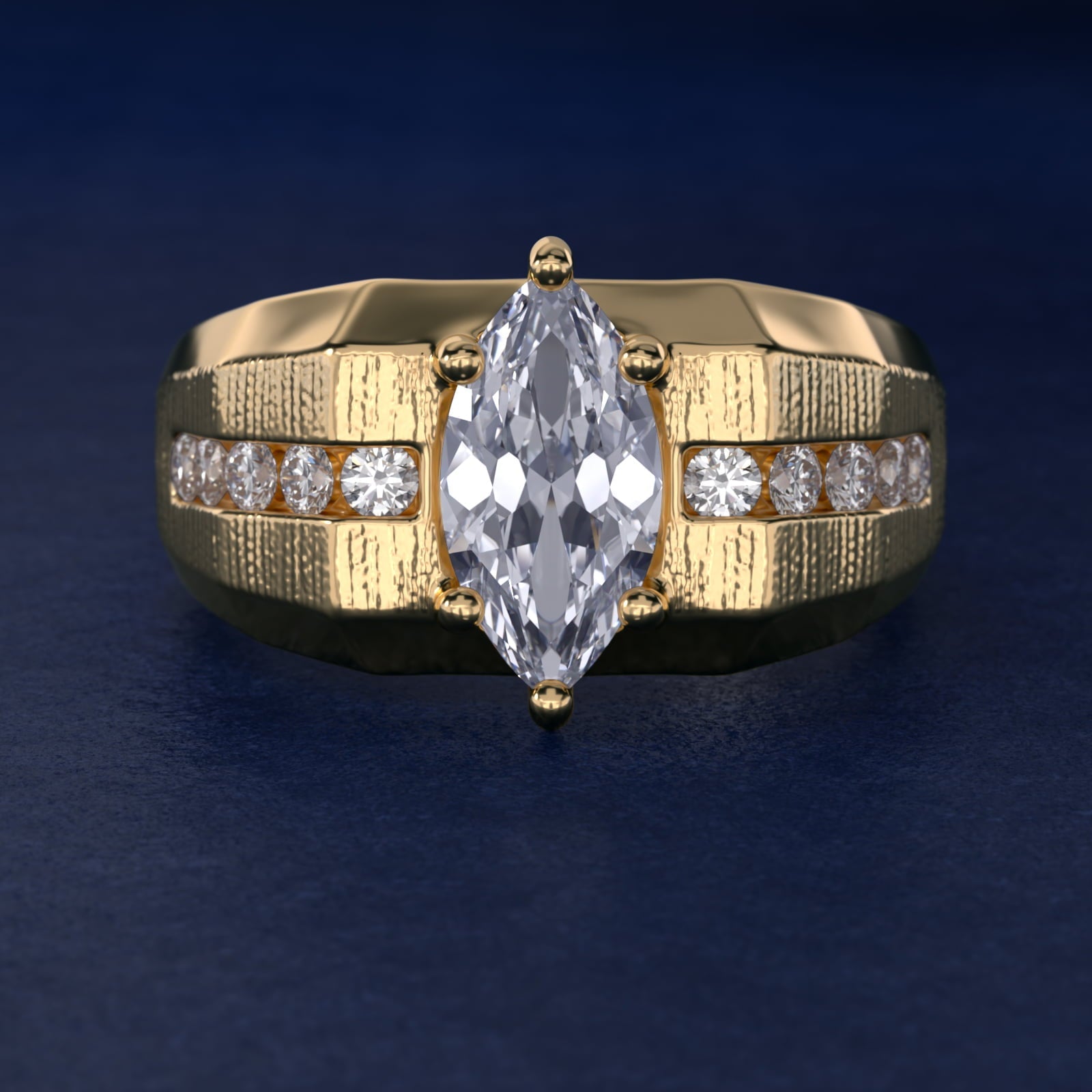 Men's Brushed Finish Diamond Channel Engagement Ring in 18k Yellow Gold (1/4 ct. tw.) - Marquise Center