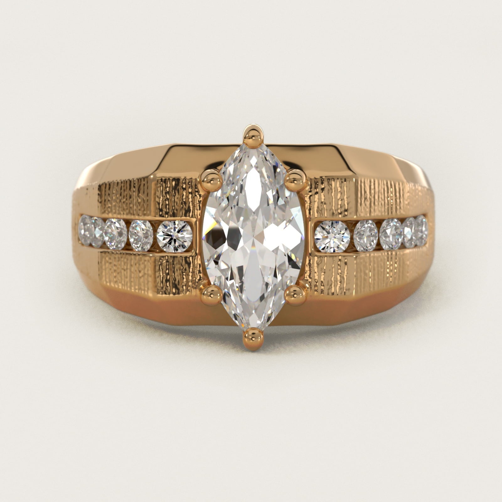 Men's Brushed Finish Diamond Channel Engagement Ring in 18k Yellow Gold (1/4 ct. tw.) - Marquise Center