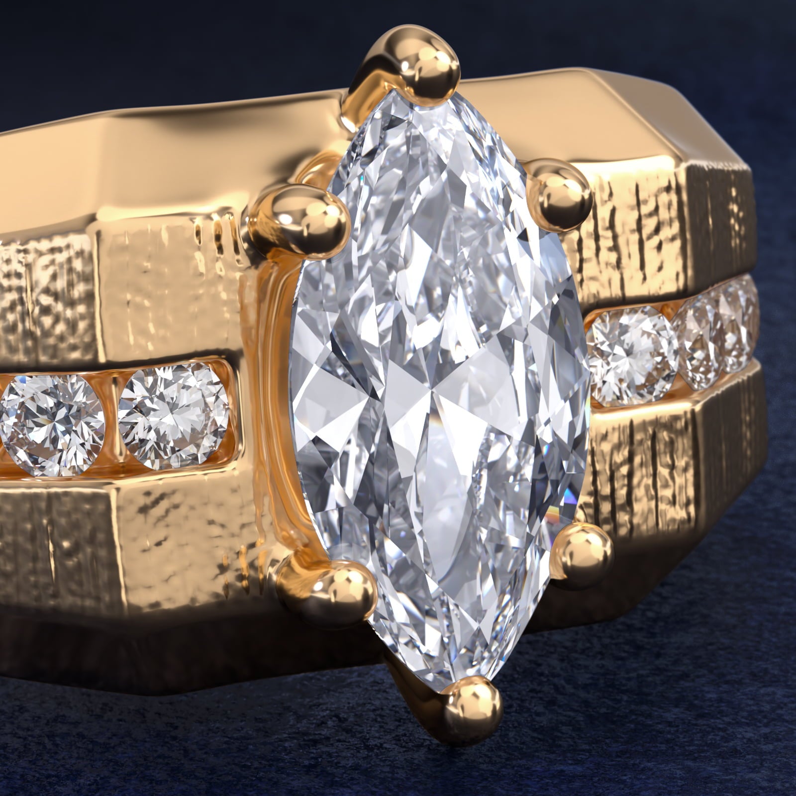 Men's Brushed Finish Diamond Channel Engagement Ring in 14k Yellow Gold (1/4 ct. tw.) - Marquise Center