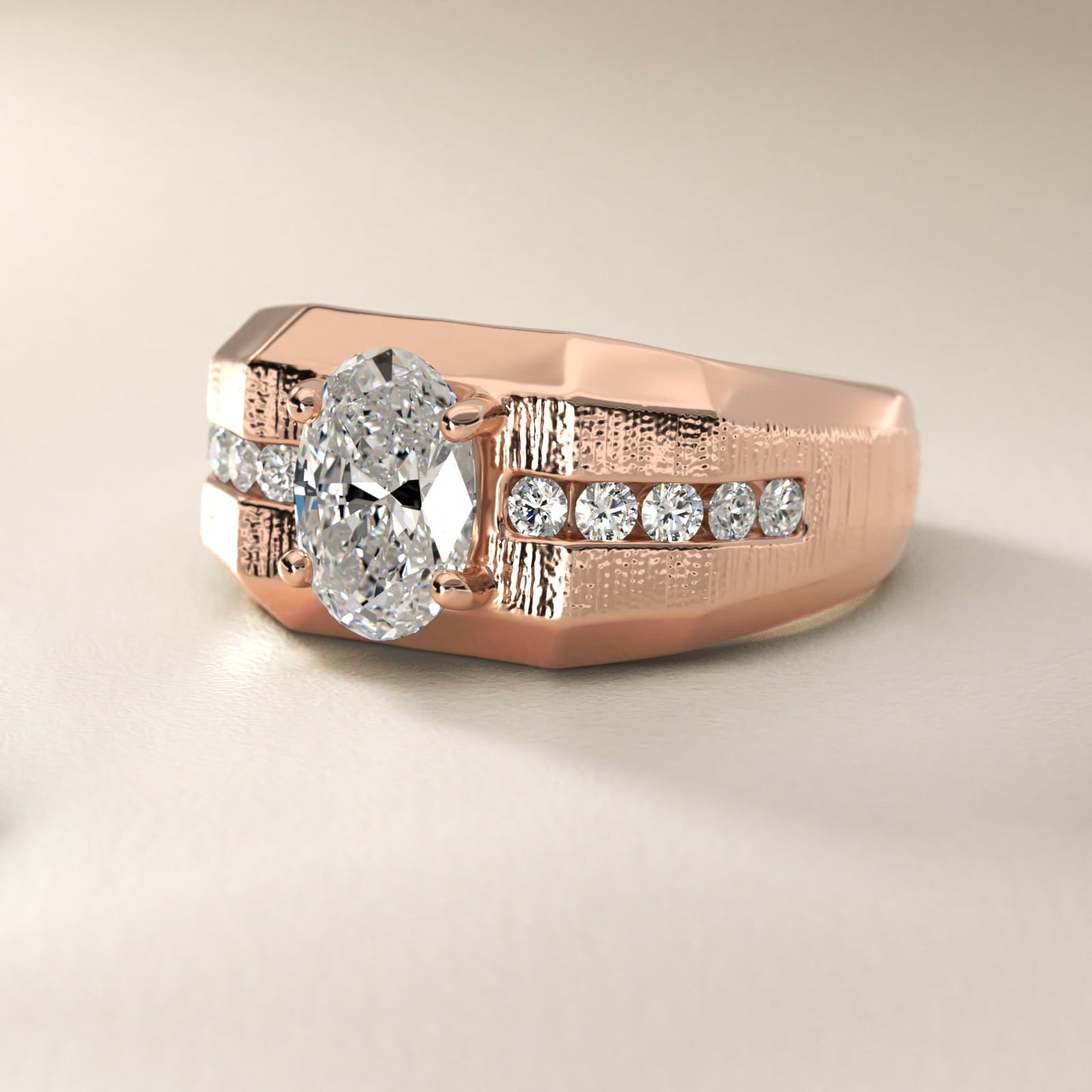 Men's Brushed Finish Diamond Channel Engagement Ring in 18k Rose Gold (1/4 ct. tw.) - Oval Center