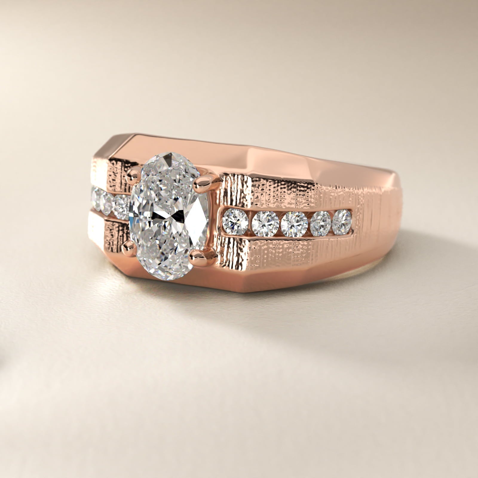 Men's Brushed Finish Diamond Channel Engagement Ring in 18k Rose Gold (1/4 ct. tw.) - Oval Center