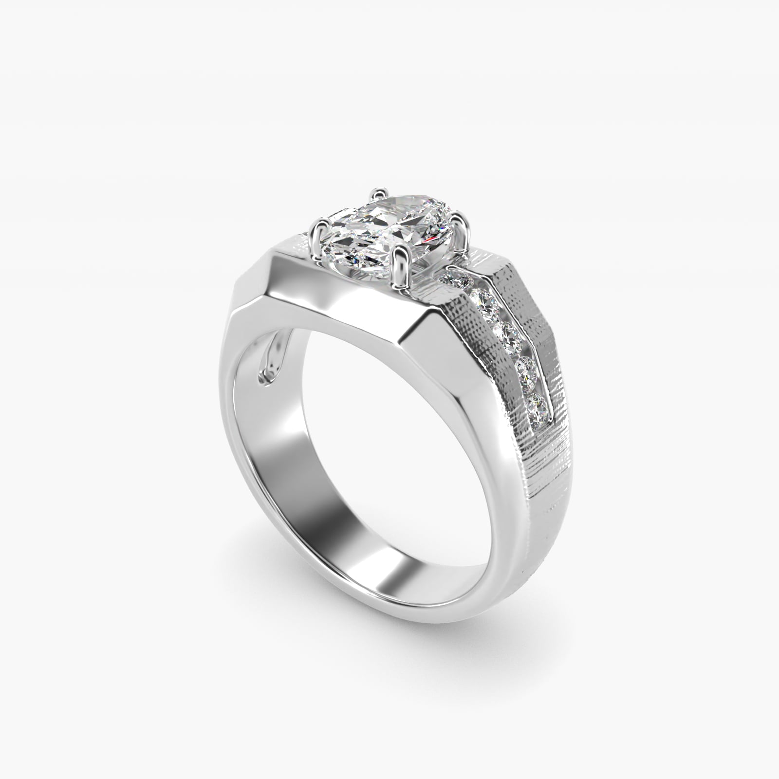 Men's Brushed Finish Diamond Channel Engagement Ring in 14k White Gold (1/4 ct. tw.) - Oval Center