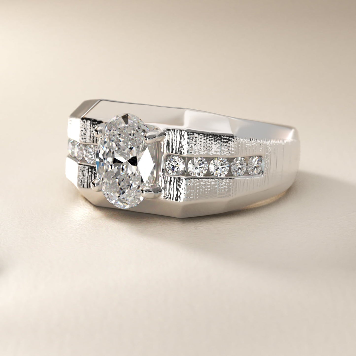 Men's Brushed Finish Diamond Channel Engagement Ring in 18k White Gold (1/4 ct. tw.) - Oval Center