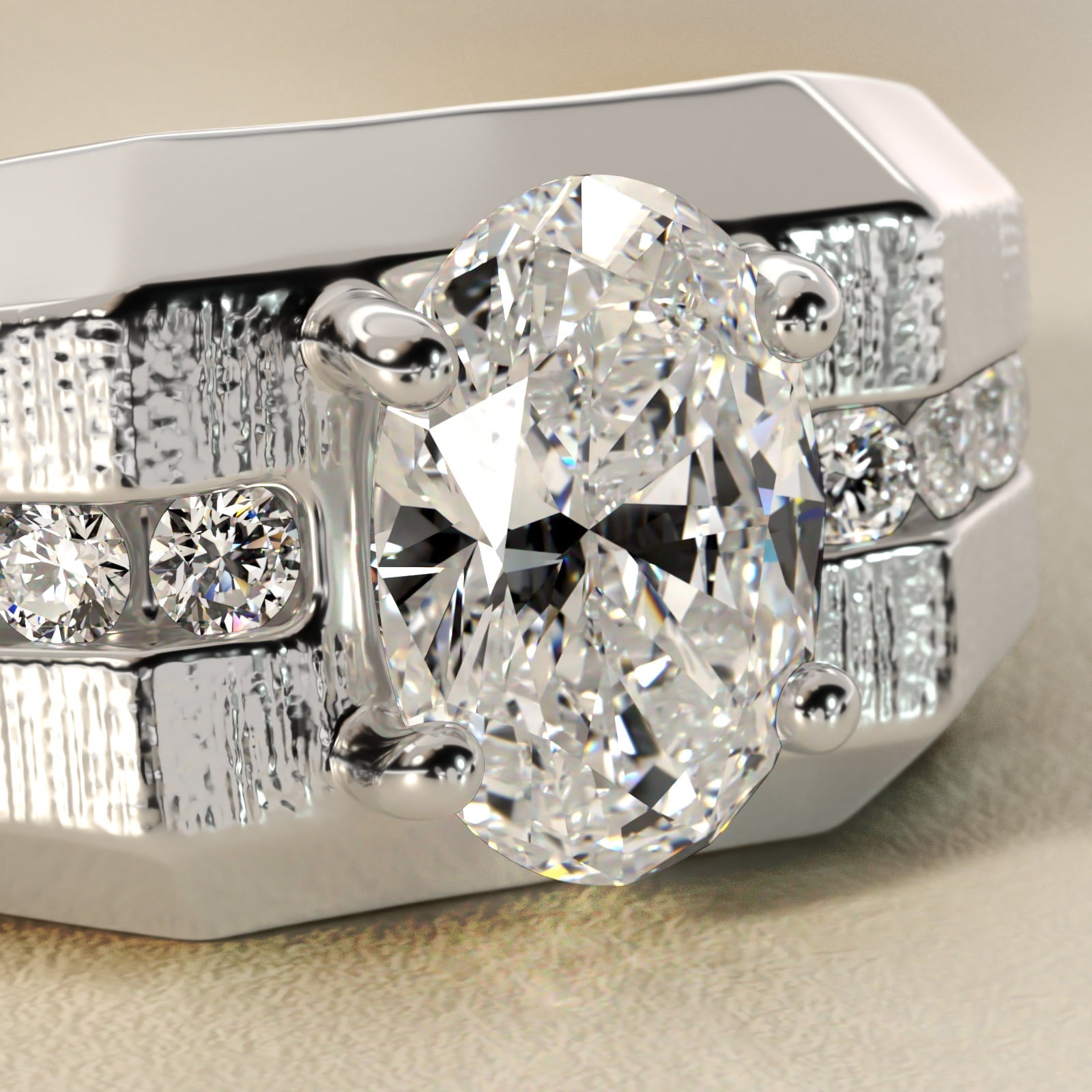 Men's Brushed Finish Diamond Channel Engagement Ring in 18k White Gold (1/4 ct. tw.) - Oval Center