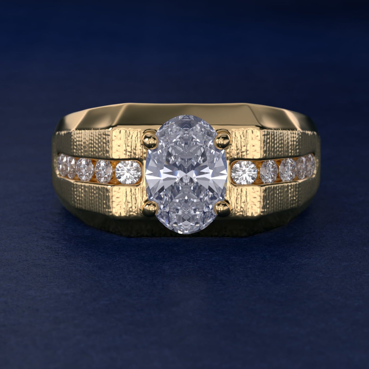 Men's Brushed Finish Diamond Channel Engagement Ring in 18k Yellow Gold (1/4 ct. tw.) - Oval Center