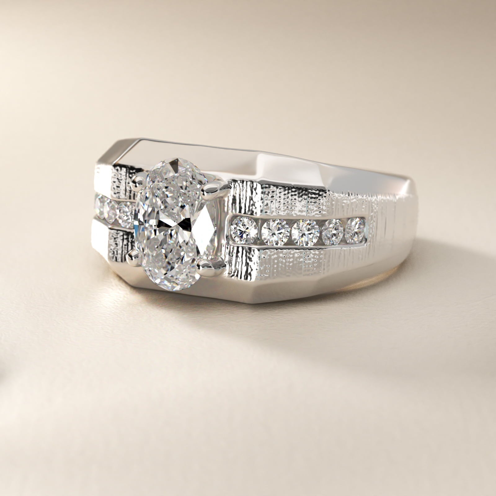 Men's Brushed Finish Diamond Channel Engagement Ring in Platinum (1/4 ct. tw.) - Oval Center