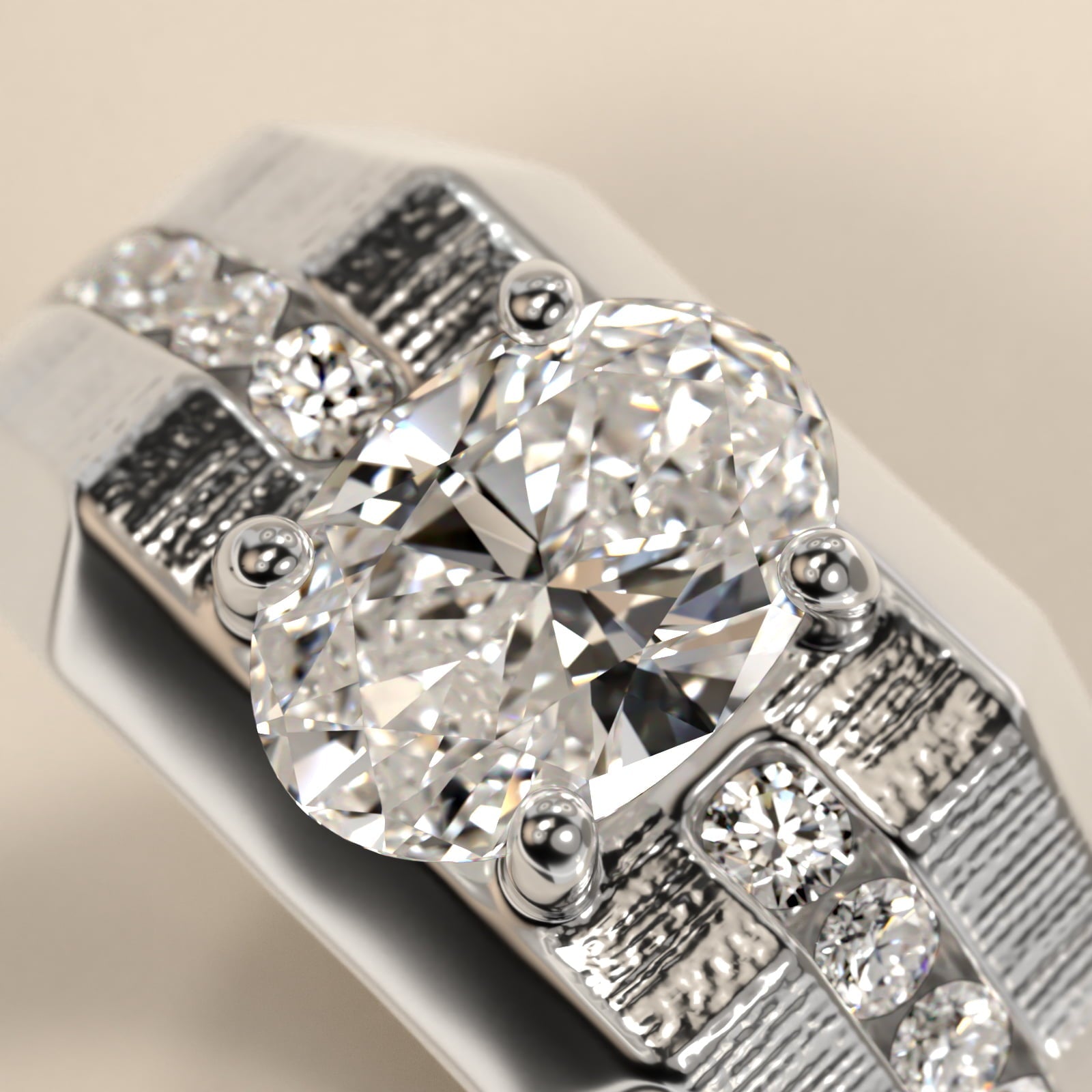 Men's Brushed Finish Diamond Channel Engagement Ring in Platinum (1/4 ct. tw.) - Oval Center