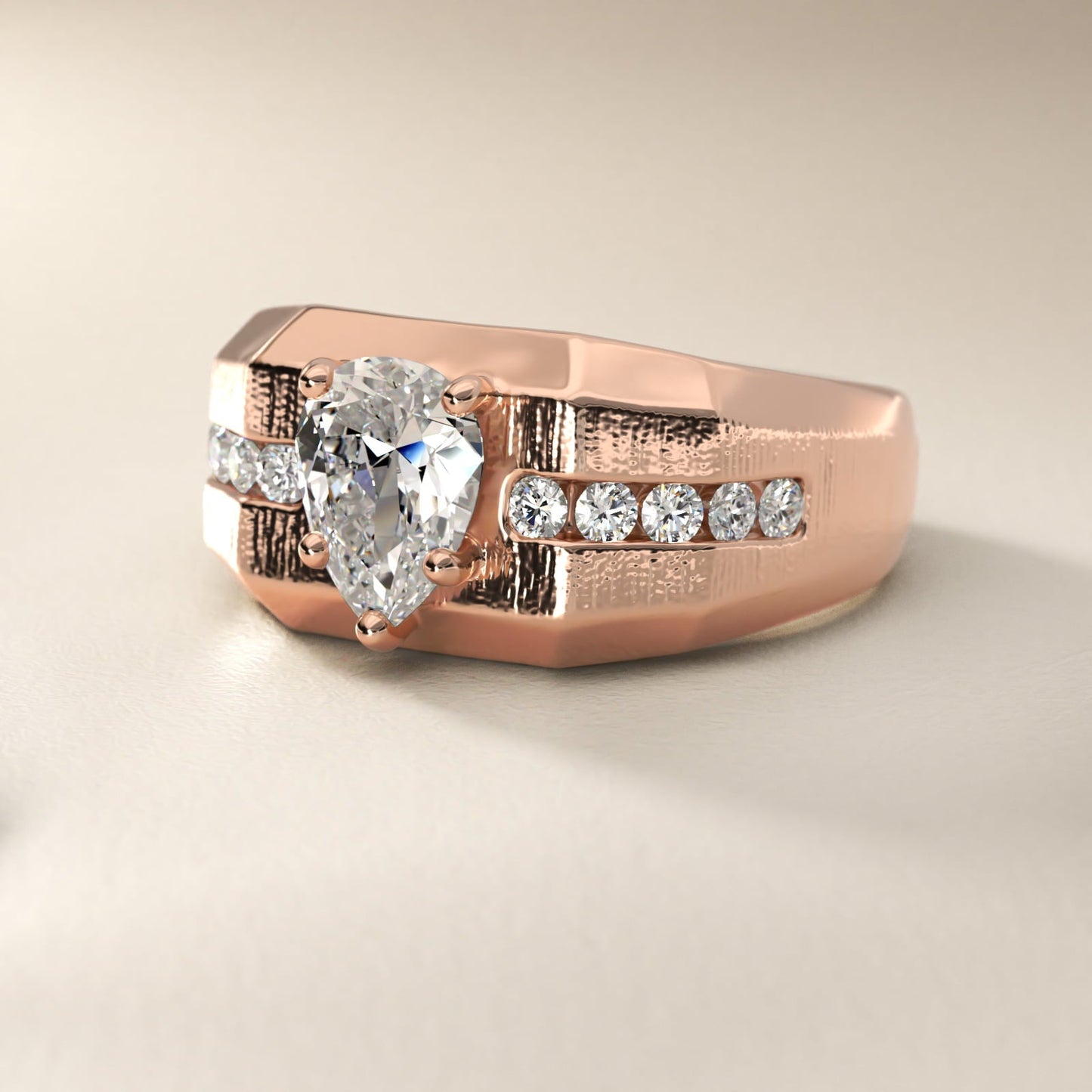 Men's Brushed Finish Diamond Channel Engagement Ring in 18k Rose Gold (1/4 ct. tw.) - Pear Center
