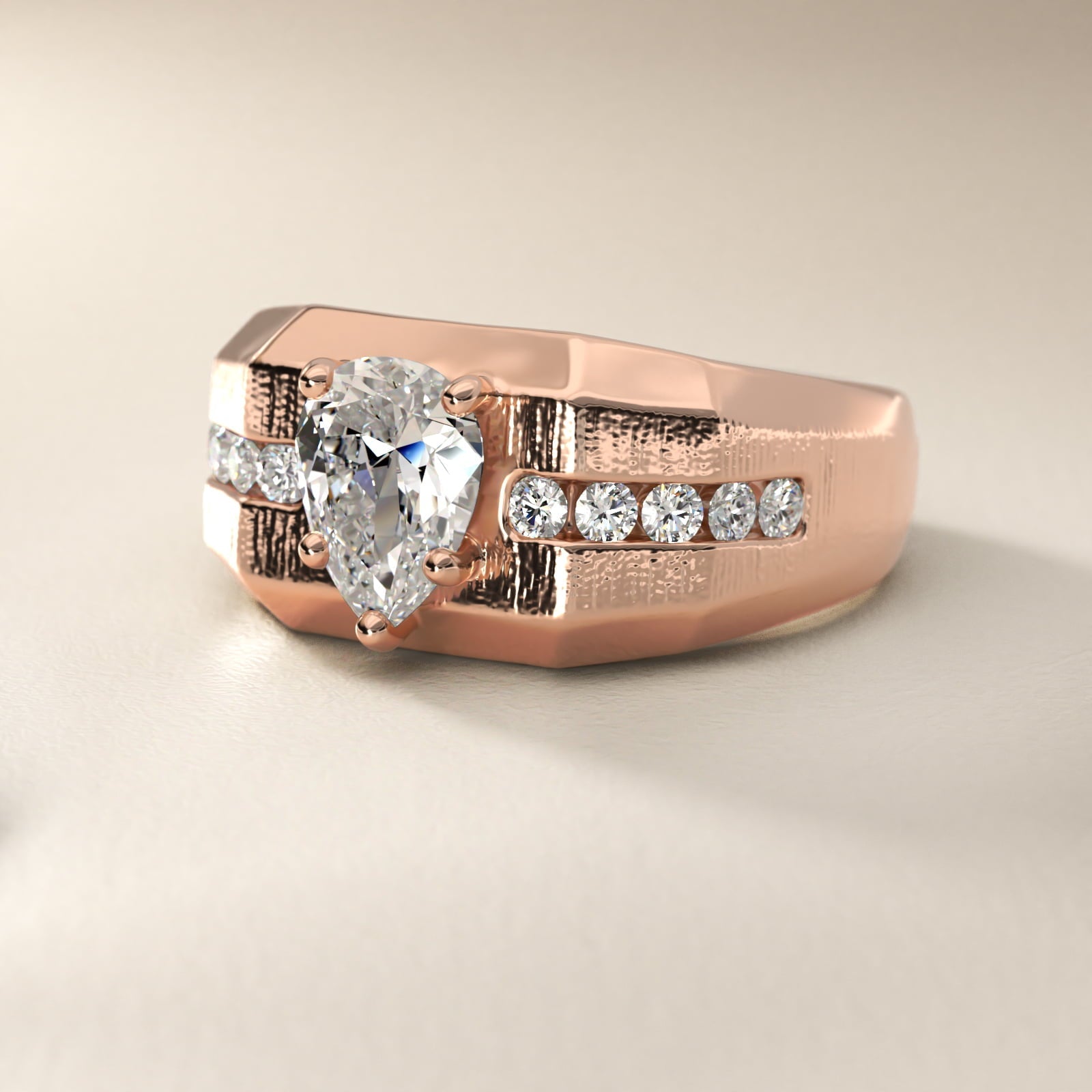 Men's Brushed Finish Diamond Channel Engagement Ring in 18k Rose Gold (1/4 ct. tw.) - Pear Center