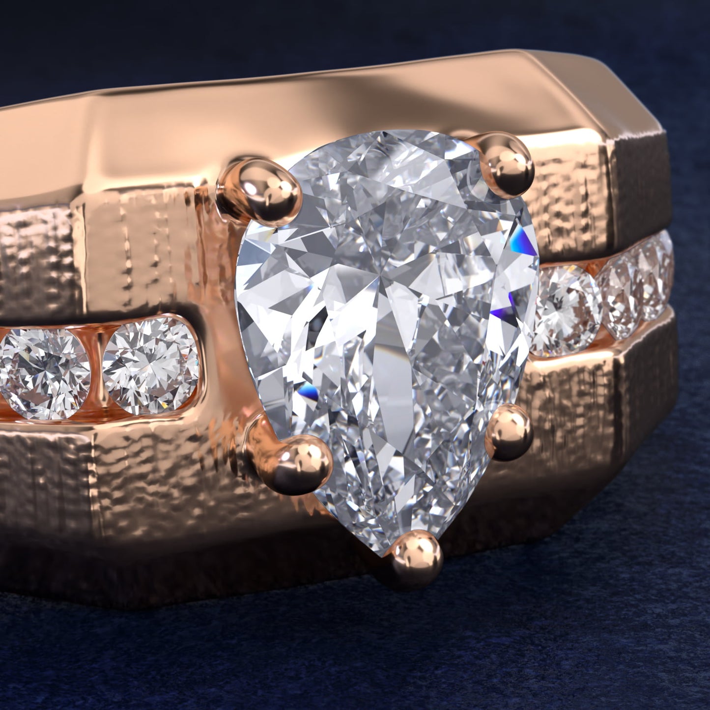 Men's Brushed Finish Diamond Channel Engagement Ring in 14k Rose Gold (1/4 ct. tw.) - Pear Center