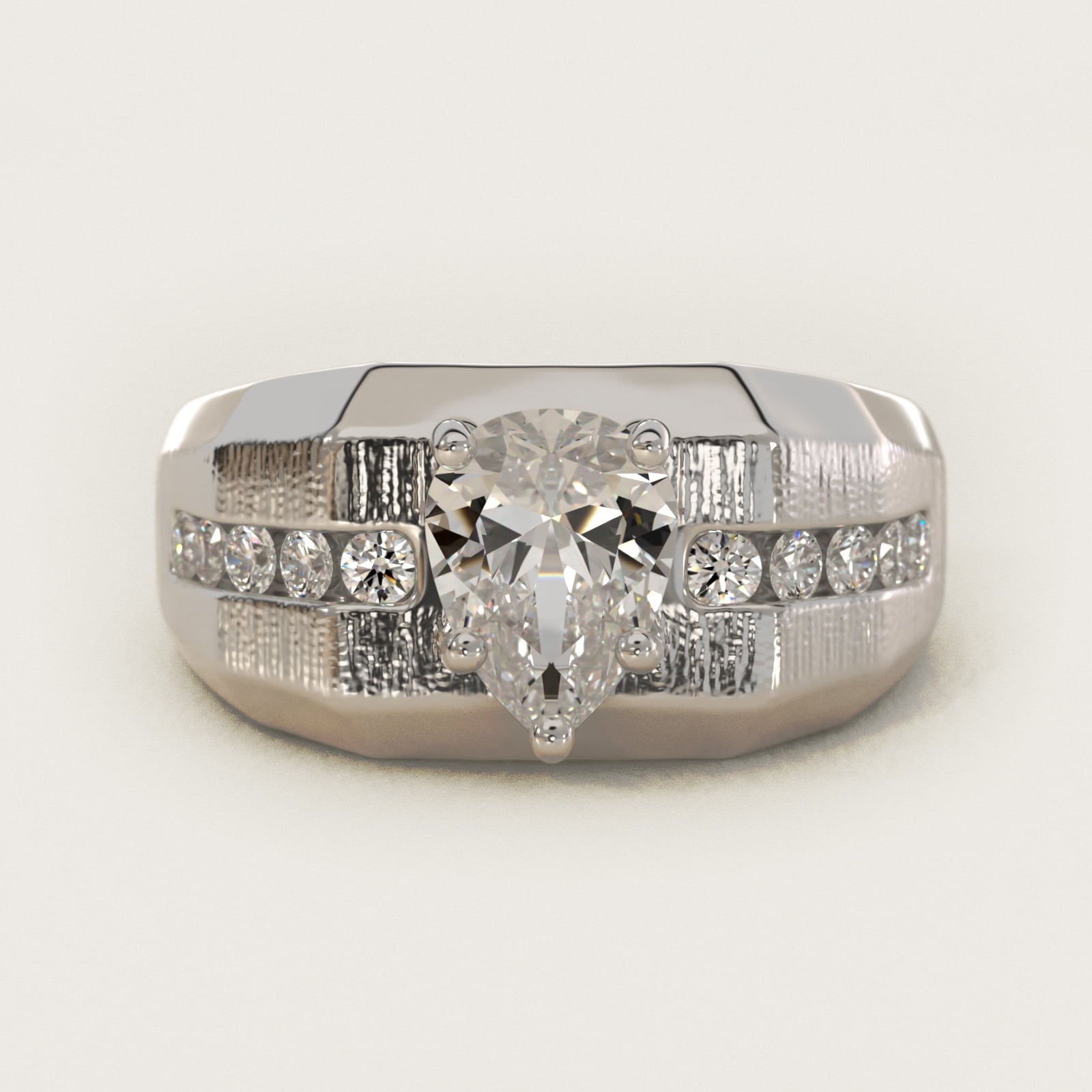 Men's Brushed Finish Diamond Channel Engagement Ring in 18k White Gold (1/4 ct. tw.) - Pear Center