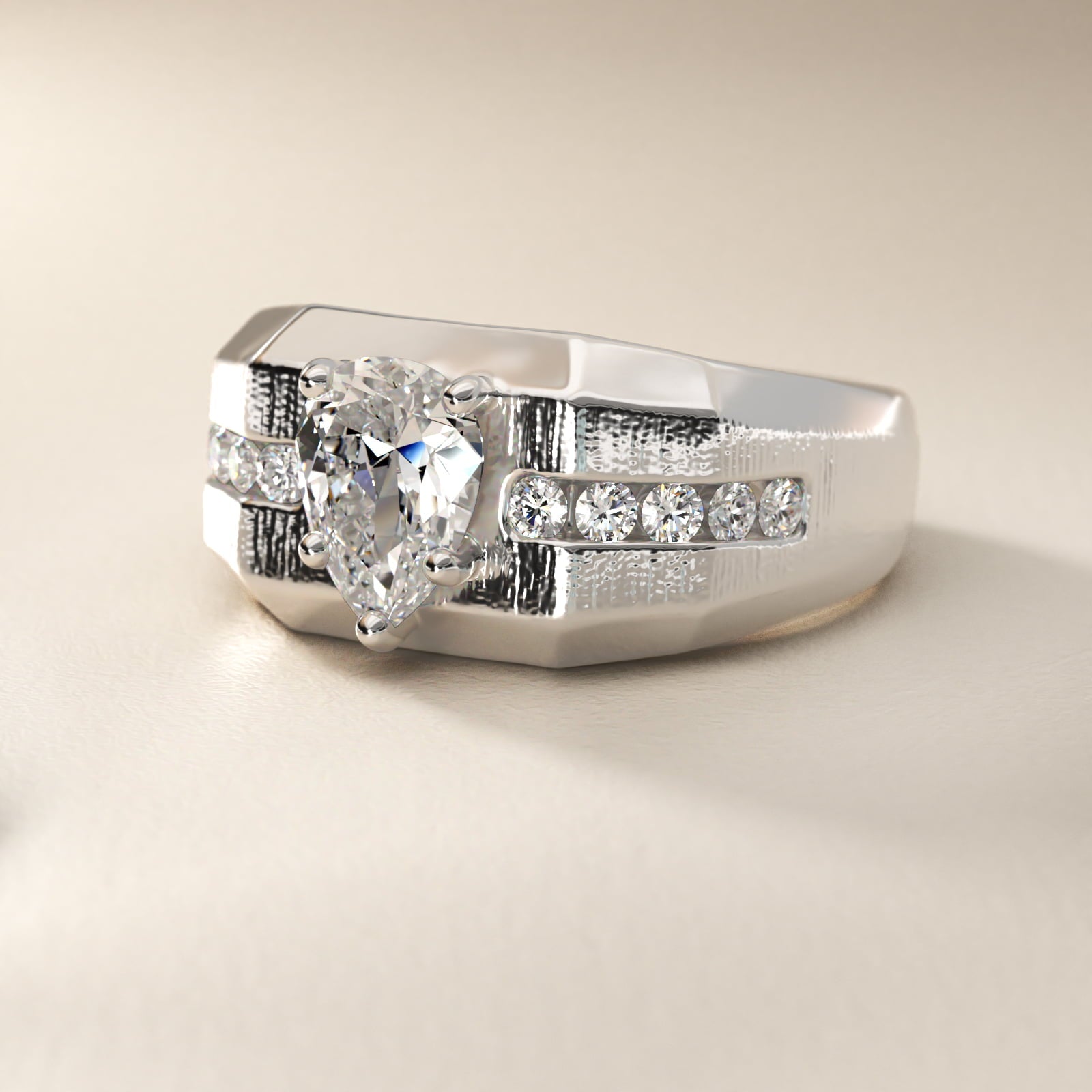 Men's Brushed Finish Diamond Channel Engagement Ring in 14k White Gold (1/4 ct. tw.) - Pear Center