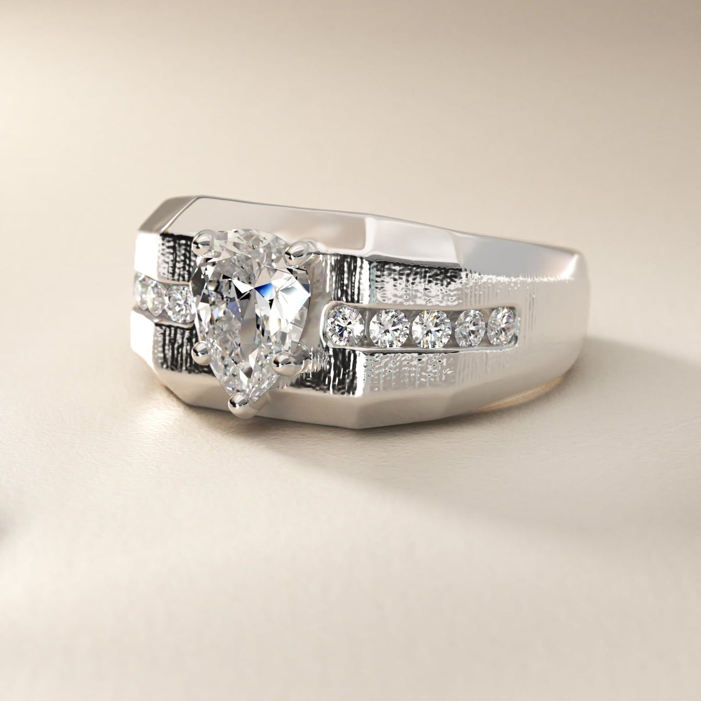 Men's Brushed Finish Diamond Channel Engagement Ring in 18k White Gold (1/4 ct. tw.) - Pear Center