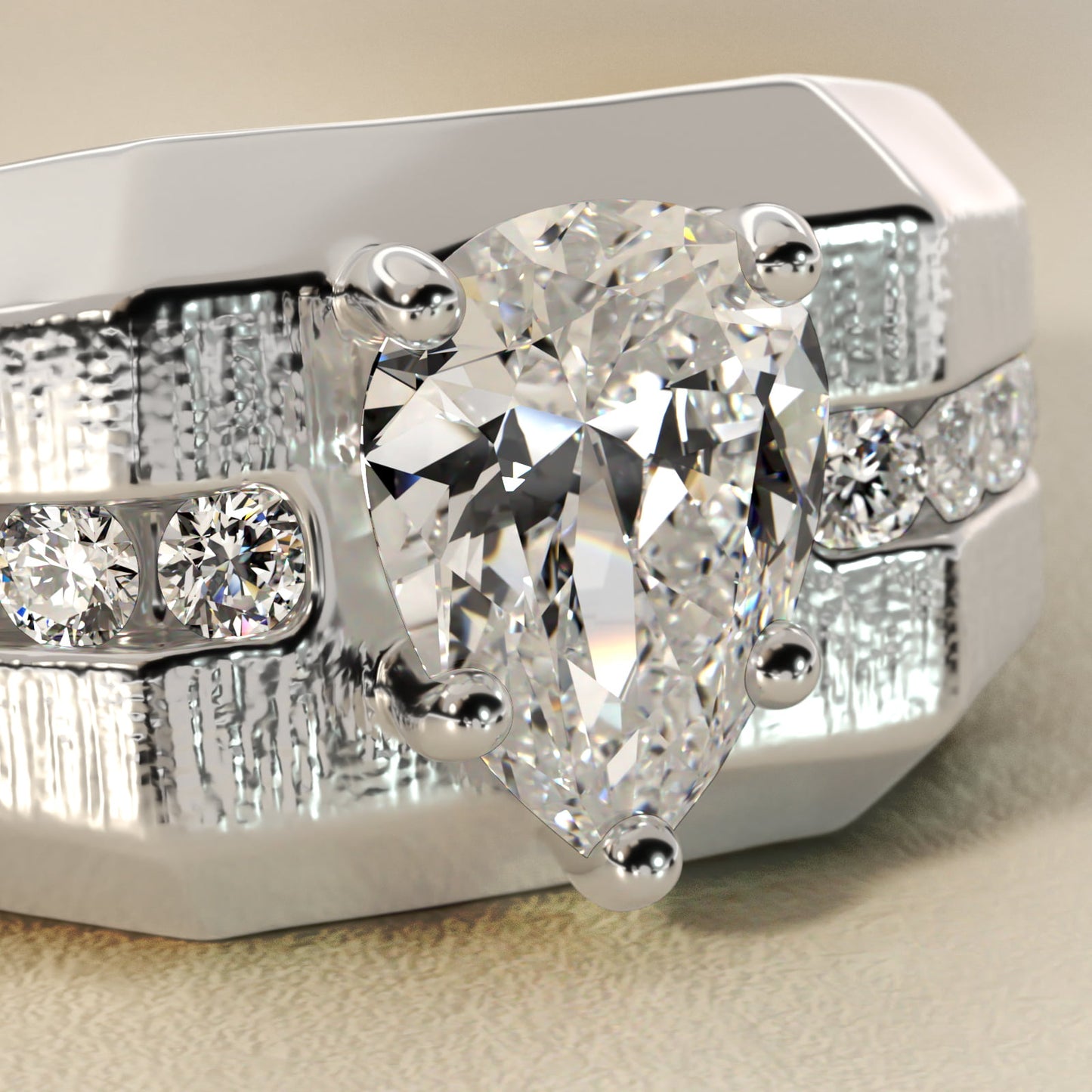 Men's Brushed Finish Diamond Channel Engagement Ring in 14k White Gold (1/4 ct. tw.) - Pear Center